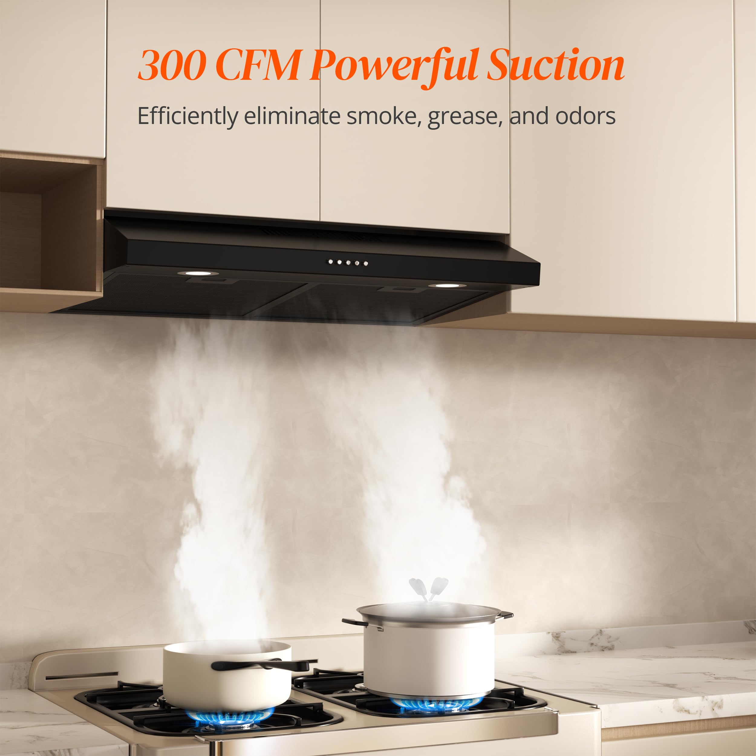FIREGAS 30 Inch Black Under Cabinet Range Hood - 300 CFM Convertible Ducted/Ductless Kitchen Exhaust Fan with 3-Speed Brushless DC Motor & LED Lights - Perfect for Modern Kitchens, Apartments, and Small Spaces