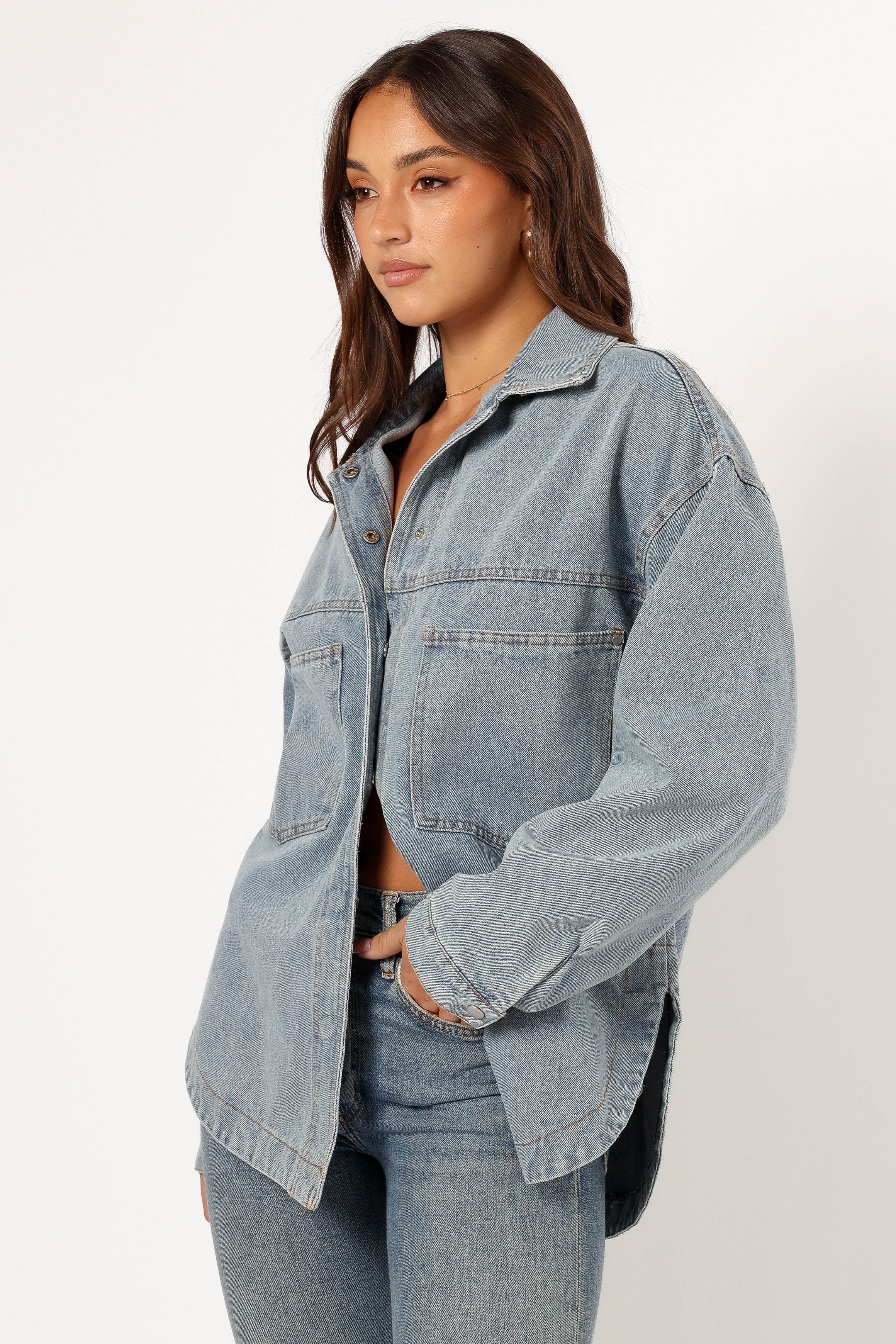 Cassie Oversized Denim Shacket Jacket for Women - Blue Distressed Denim Coat with Button Front - Perfect for Casual Outfits, Layering & Fall Fashion