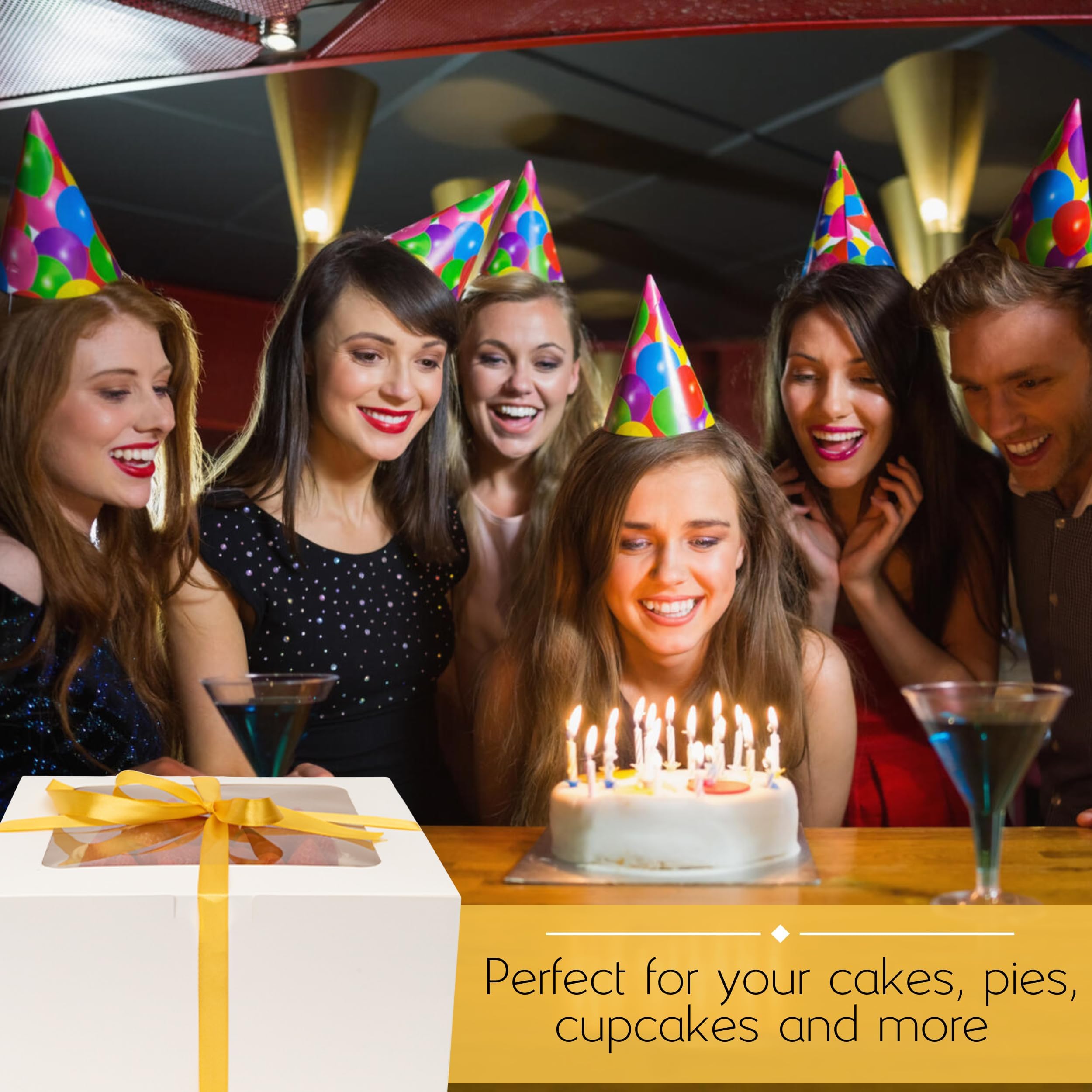 10 Inch Cake Box Set with Lids & Gold Ribbon - Disposable Bakery Boxes with Window, Cake Drum & Board for Birthday, Wedding & Party Desserts | BELMAKS Tall Cake Containers