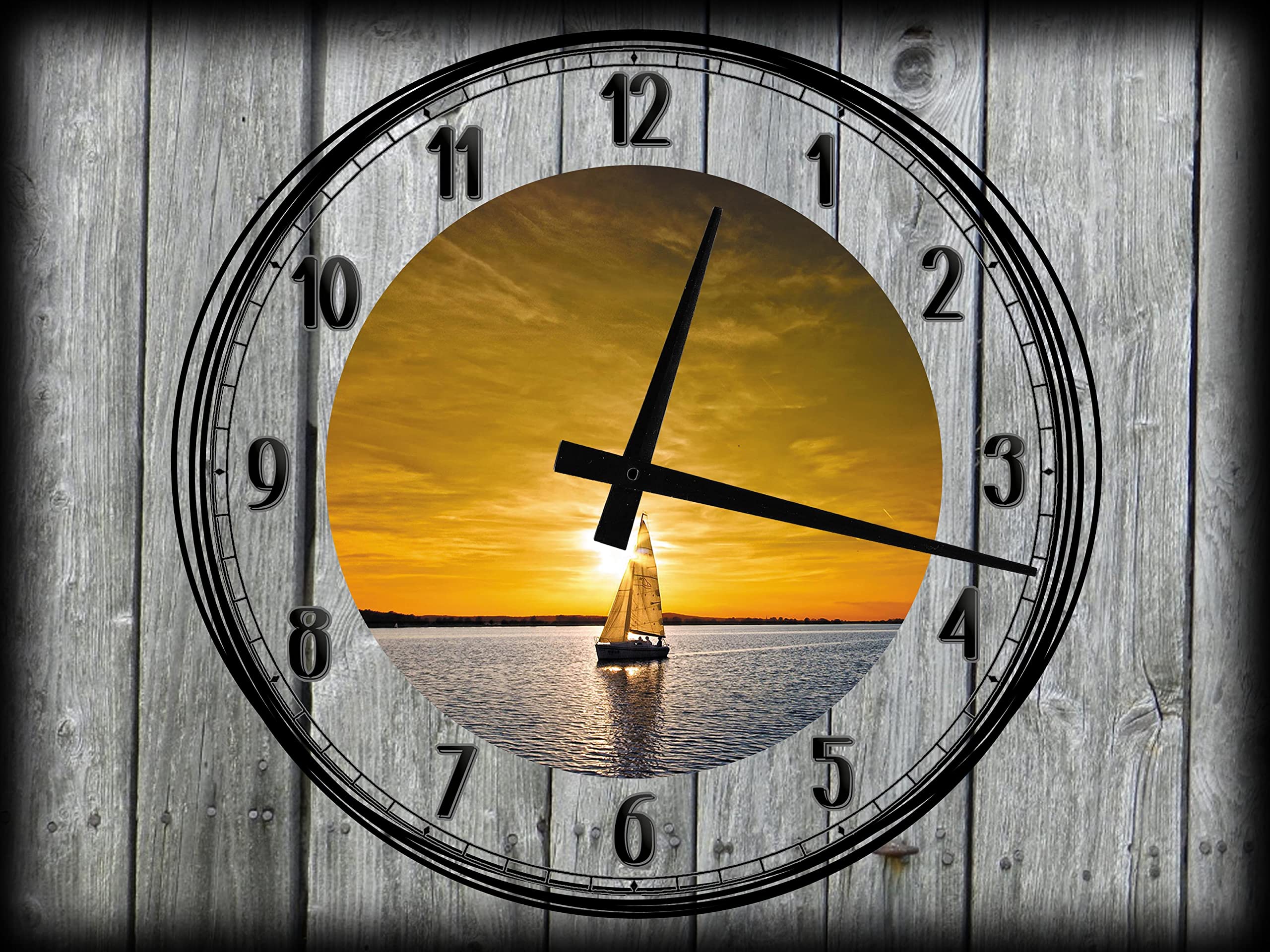 12 x 16 Inch Large Wall Clock Canvas Art - Sailboat Sailing Over Calm Lake with Orange Sky & Blue Water, Gray Wall Decor for Living Room, Bedroom, or Office