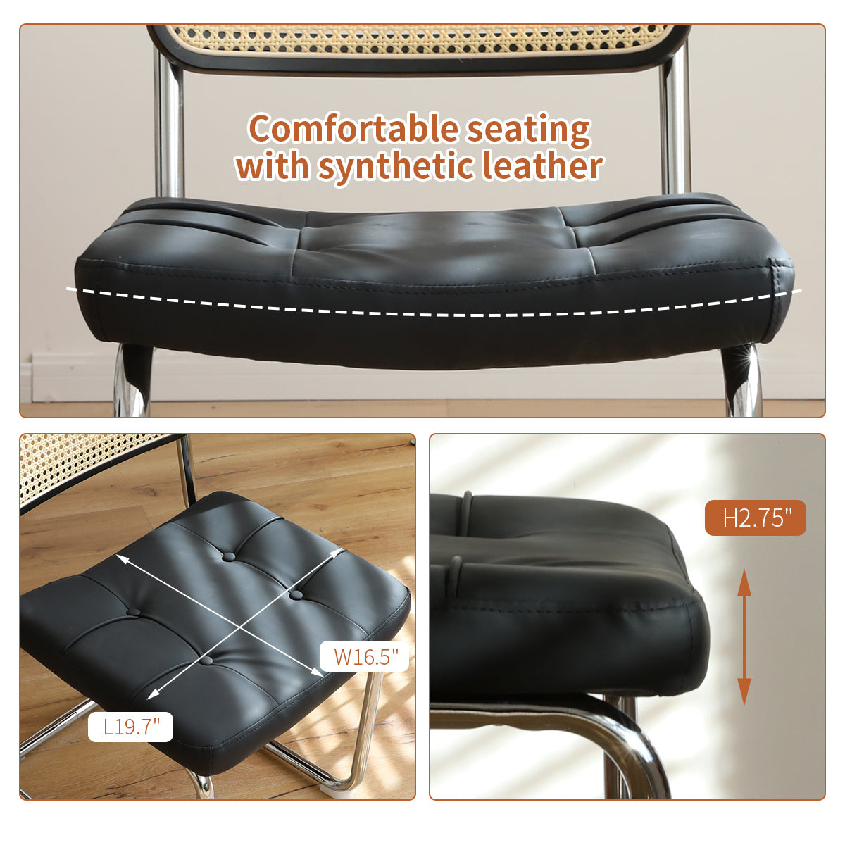 Modern Mid Century Breuer Style Dining Chairs Set of 2 - Faux Leather & Rattan Accent Chairs with Chrome Legs for Living Room, Kitchen, Dining Area - Black Upholstered Side Chairs (2-Piece Set) - Perfect for Small Spaces, Breakfast Nooks and Contemporary Home Decor