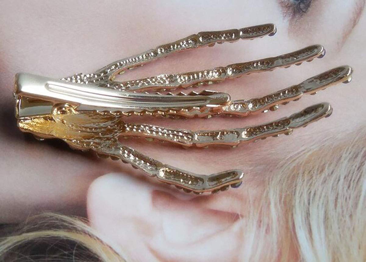 2PCS Rhinestone Crystal Skeleton Claw Hair Clips - Punk Skull Hand Bone Hair Barrettes for Women - Gothic Horror Hair Accessories for Cosplay, Halloween, and Gothic Fashion (White)