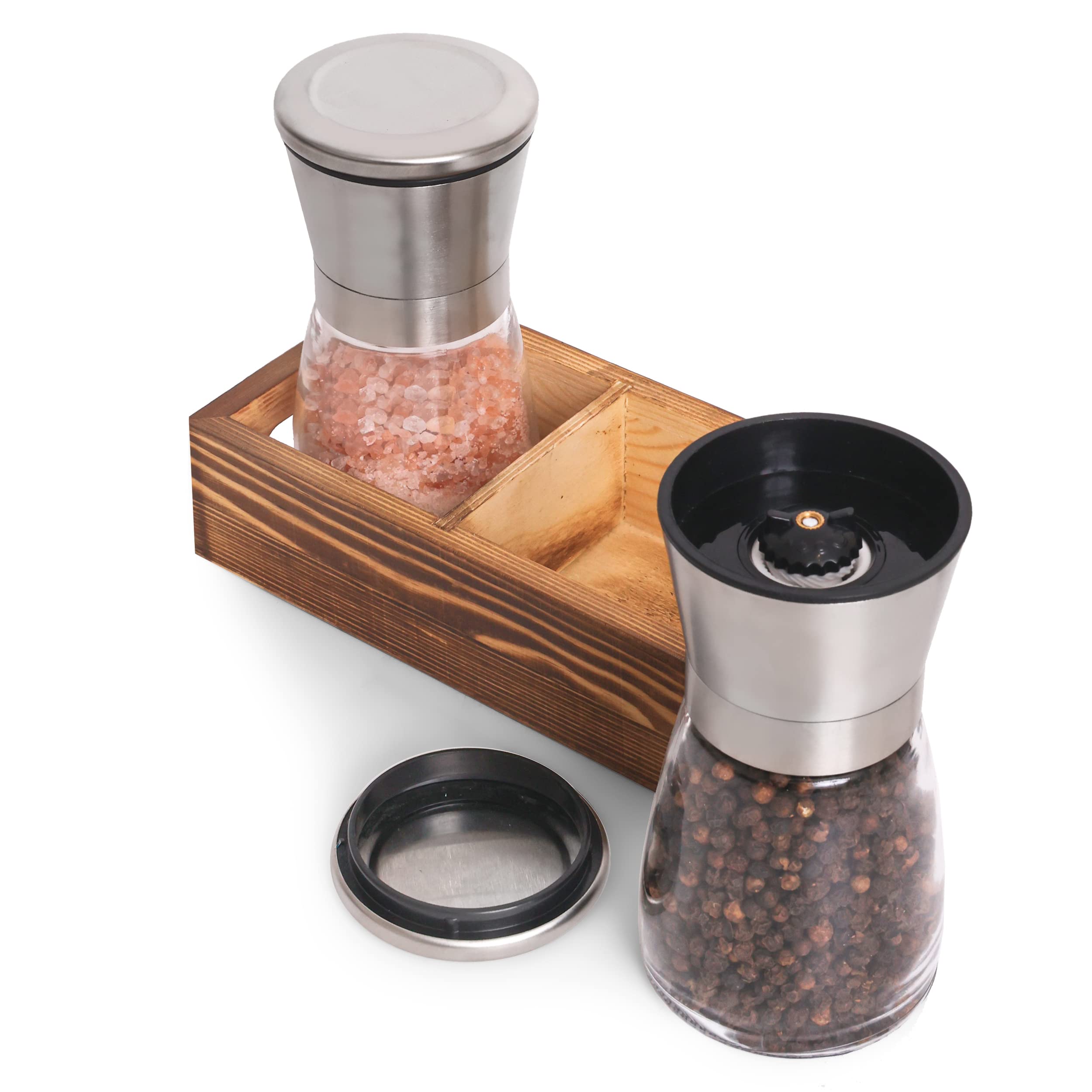 Premium Salt and Pepper Grinder Set with Wood Tray - Adjustable Manual Sea Salt & Peppercorn Mill - Refillable Glass Containers with Stainless Steel Caps - Perfect for Farmhouse Kitchen, Dining Table & Gourmet Cooking