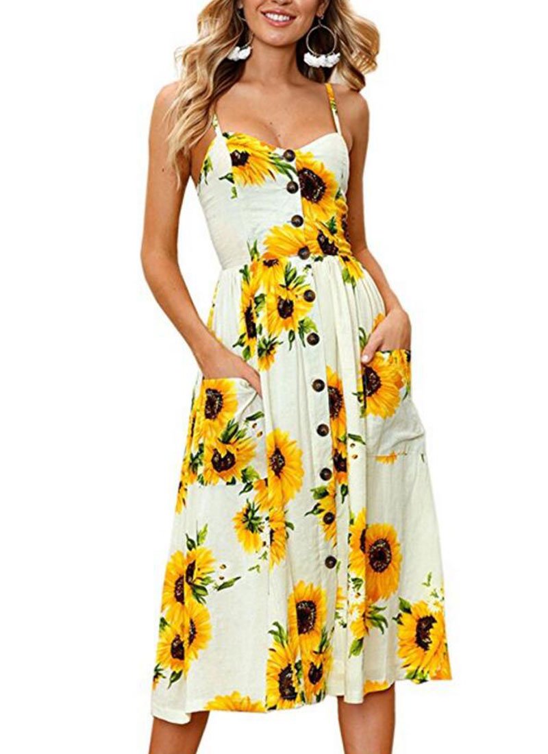 OLUOLIN Women's Floral Print Summer Dress with Pockets - Casual Button Down Midi Dress with Adjustable Straps | Perfect for Beach Vacations, Date Nights & Summer Outings