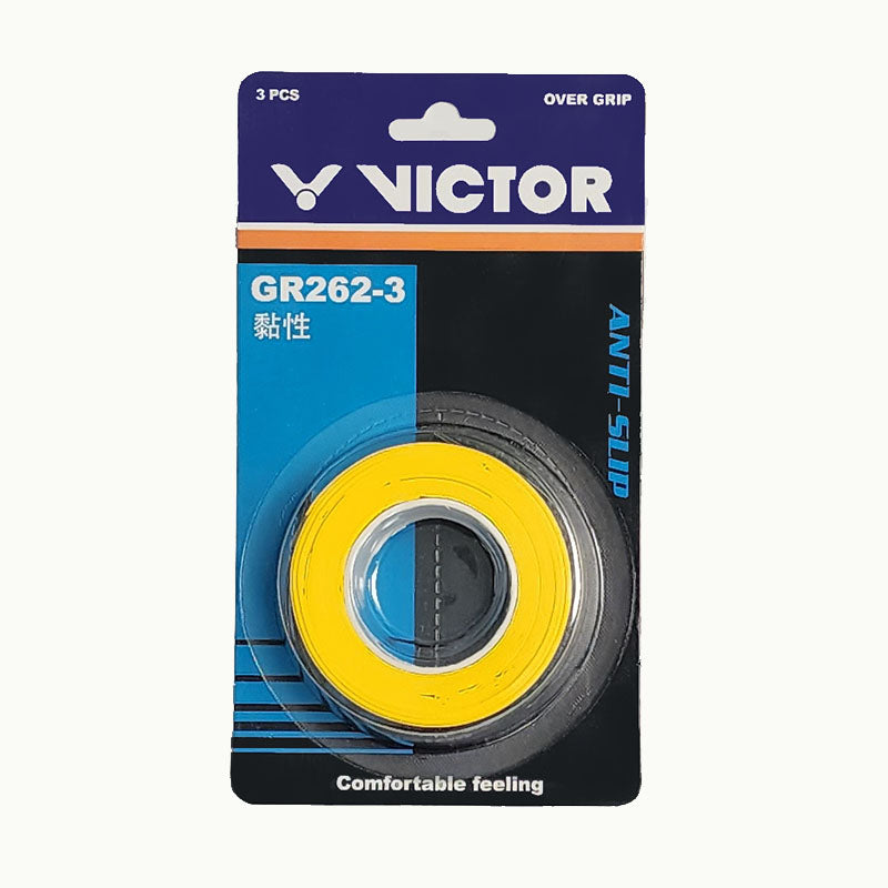 Victor GR 262 Overgrip Tennis Racket Grip Tape - 3 Pack (Yellow) | Non-Slip Sweat Absorbent Replacement Grip for Tennis, Badminton, Squash & Racquetball | Perfect for Enhanced Comfort & Performance