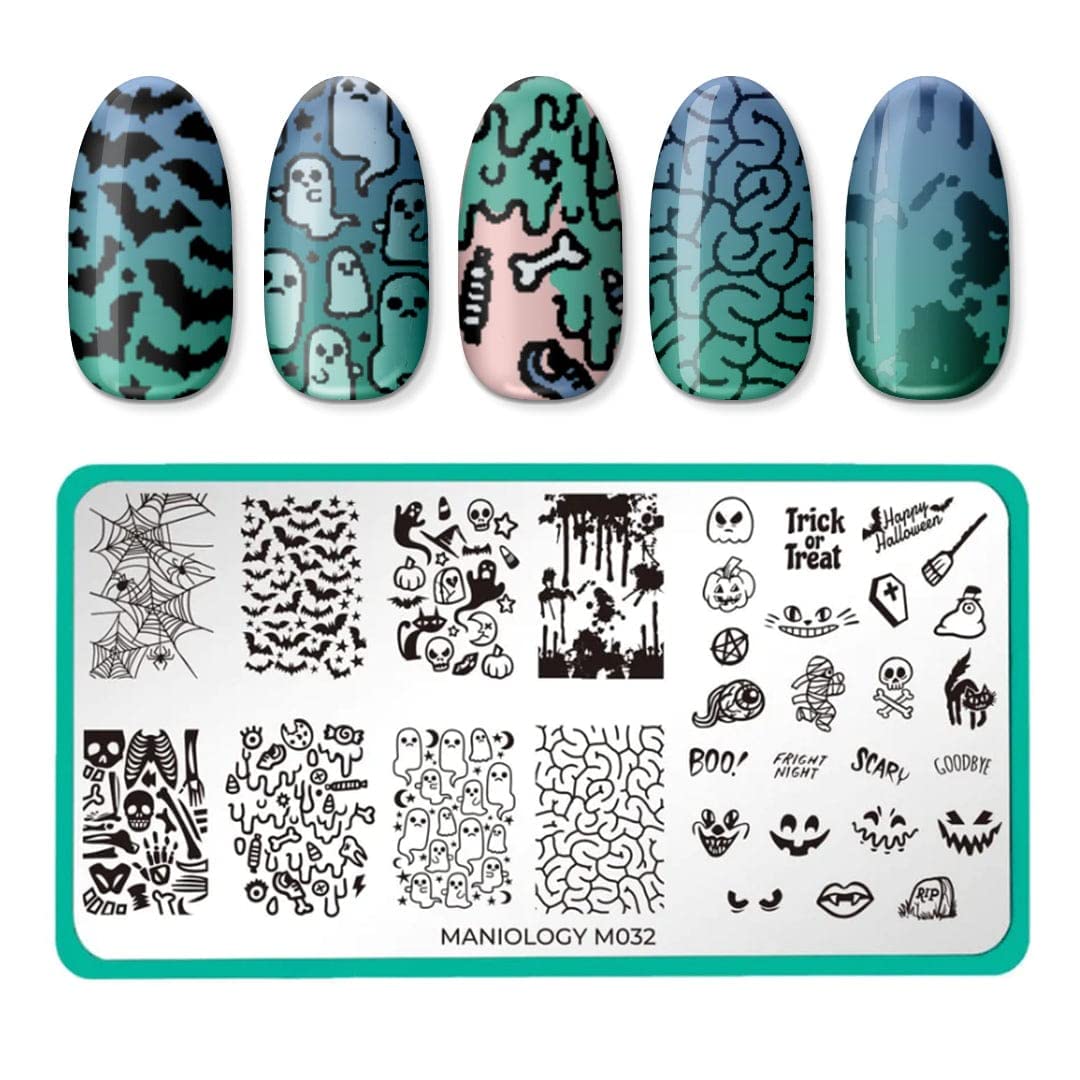 Maniology Halloween Limited Edition Nail Stamping Starter Kit - Stamping Plate, Polish, Top Coat, Stamper & Scraper Card - Perfect for Halloween Nail Art Designs & DIY Manicures