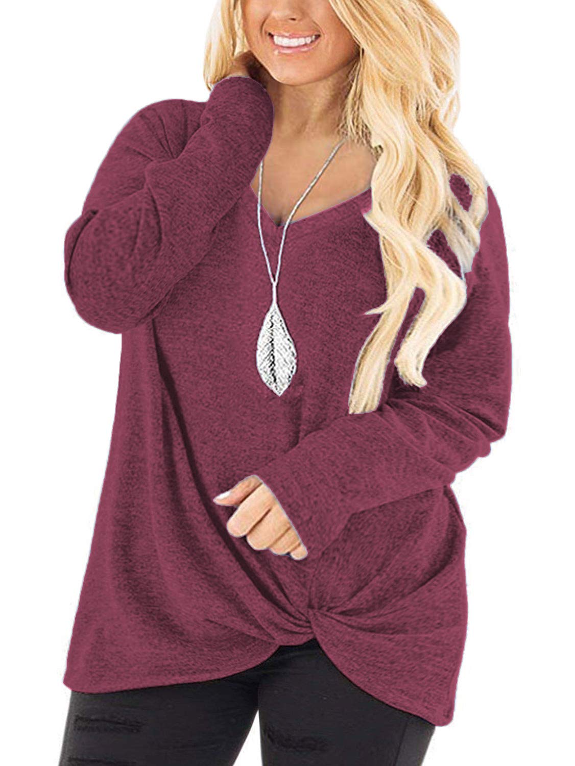 DOLNINE Women's Plus Size Knotted Tops Long Sleeve Tee Shirts - Loose Casual Blouse for Women | Comfortable & Stylish Tunic Top for Everyday Wear, Office, and Outings