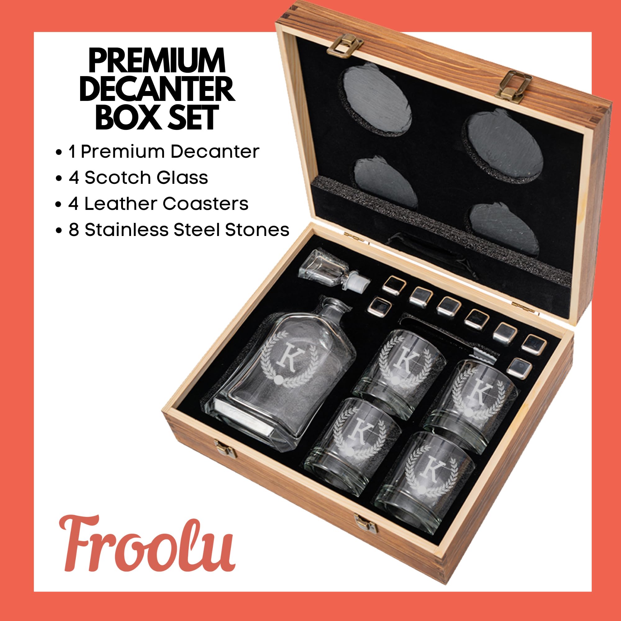 Personalized Whiskey Decanter Set with 2 Scotch Glasses & Whiskey Stones - 9 Engraved Design Options for Men - Premium Gift for Dad, Husband, Boyfriend - Ideal for Christmas, Valentine's Day & Anniversary Gifts - Perfect for Home Bars, Man Caves & Special Occasions - by Froolu