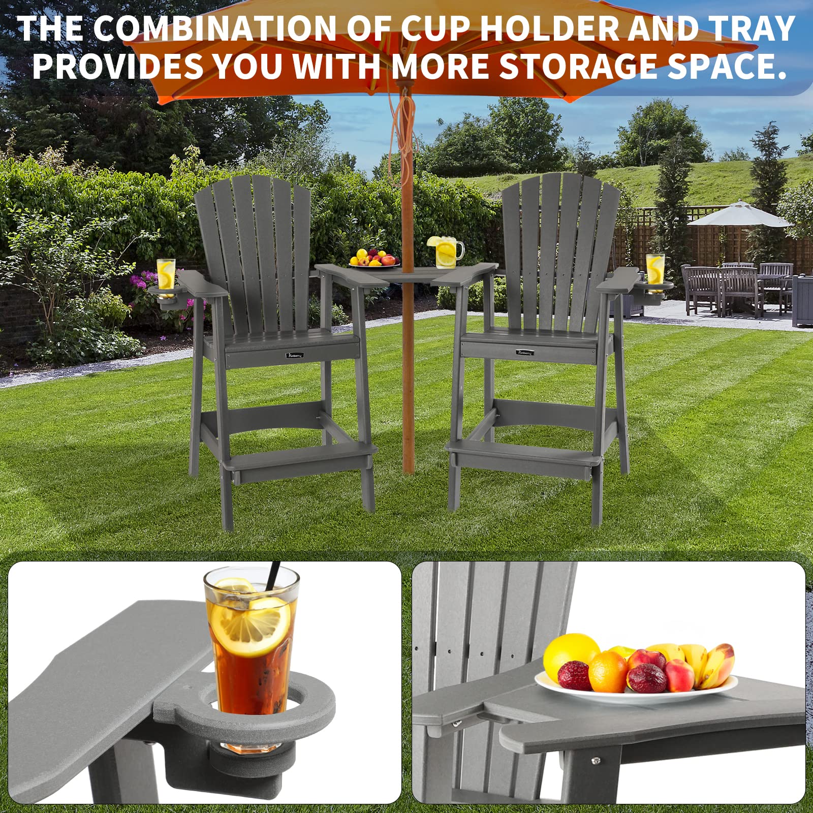 FUNBERRY 2-Piece Tall Adirondack Chair Set with Connecting Tray & Cup Holders - High Top Resin Outdoor Bar Stools, Durable High Back Balcony Chairs - Perfect for Poolside, Patio, Beach & Backyard Relaxation