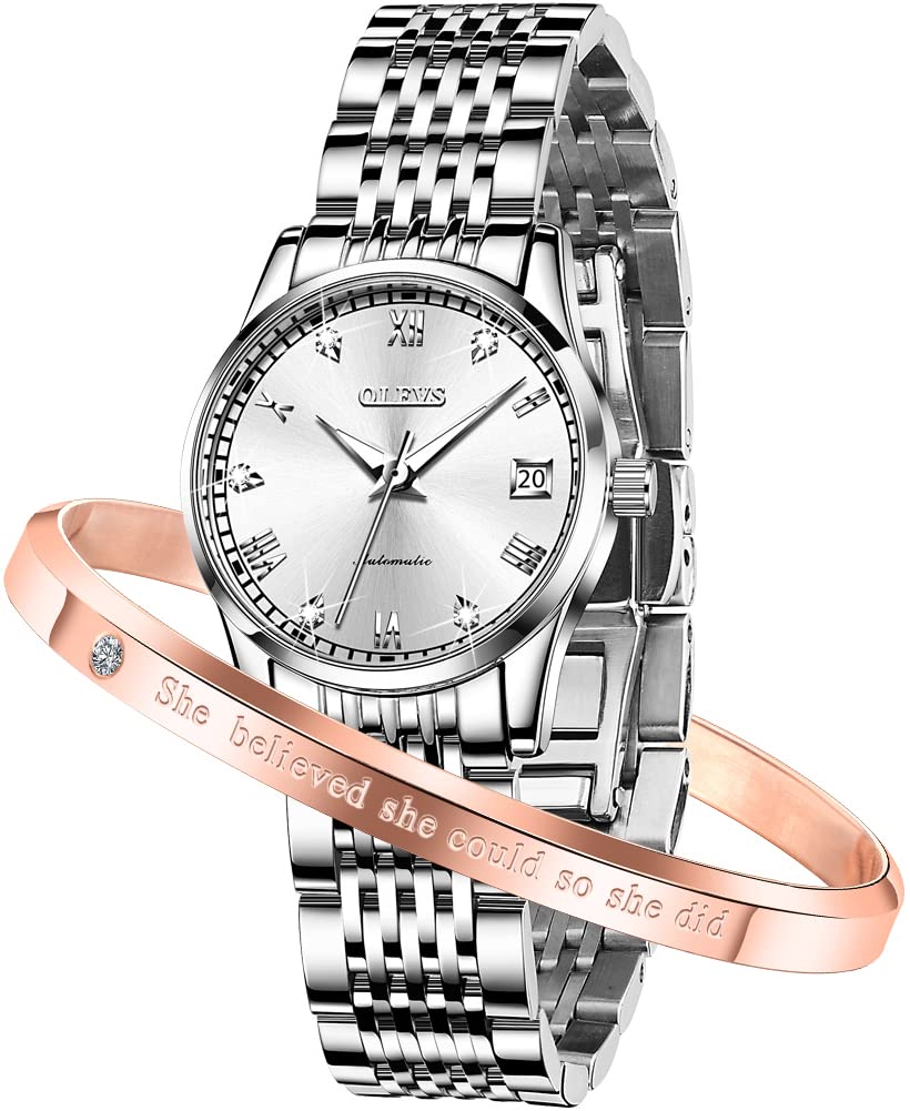 OLEVS Women's Automatic Self-Winding Mechanical Watch - Stainless Steel Case, Diamond Accents, Luminous Hands, 50M Waterproof - Elegant Dress Watch for Business, Party & Everyday Wear