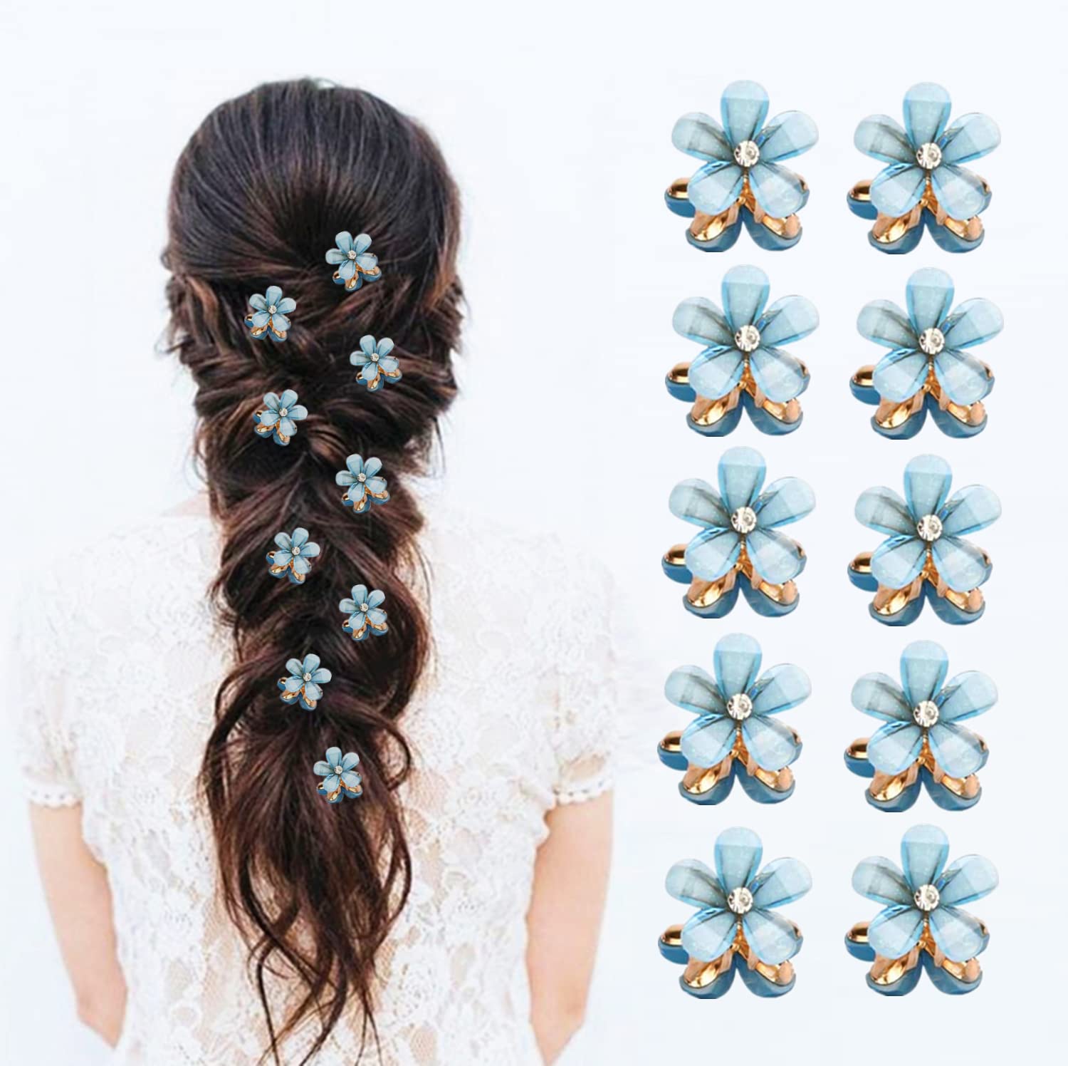 10 Pcs Mini Cute Flower-Shaped Hair Clips for Girls & Women - Multicolor Crystal Hair Barrettes for Long Braid Hairstyles - Elegant Flower Hairpins for Daily Wear, Parties & Weddings (10 Pcs, Blue)