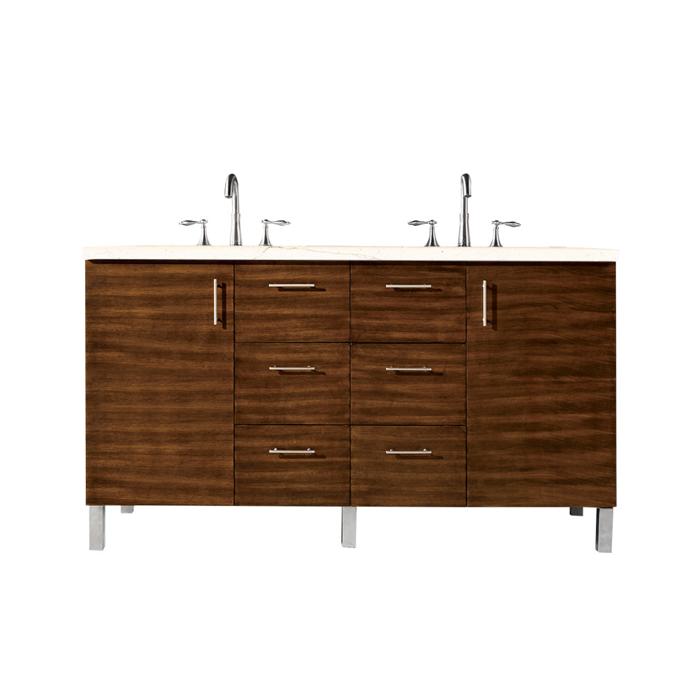 Metropolitan 60 Inch Double Bathroom Vanity with American Walnut Finish & 3CM Eternal Marfil Quartz Countertop - Perfect for Master Bathroom Renovation and Modern Home Decor