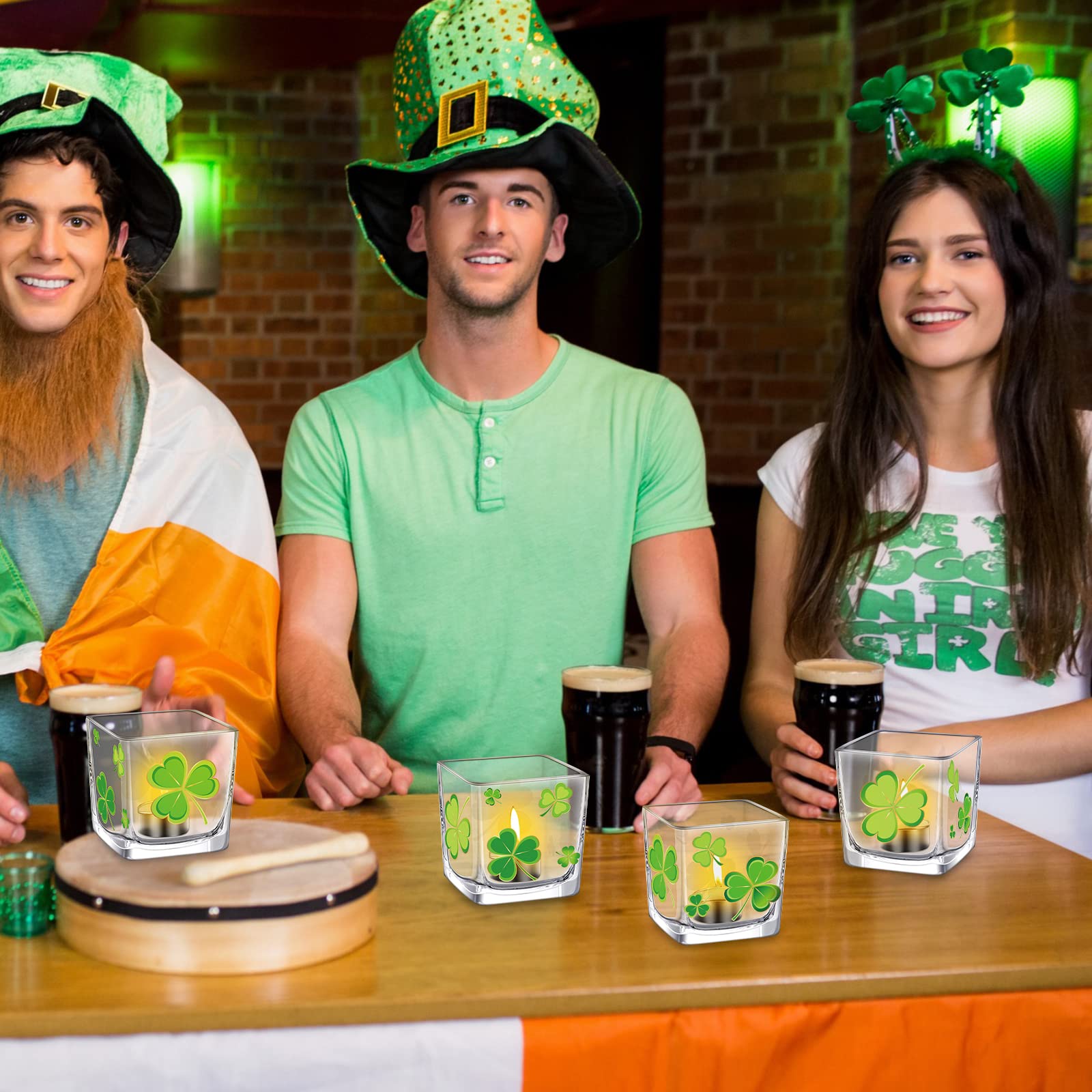 Eaasty 4-Piece St. Patrick's Day Candle Holder Set - Shamrock & Irish-Themed Glass Square Candle Holders for Table Decor, Party Centerpieces, and Home Celebration (Green Holiday Decorations)