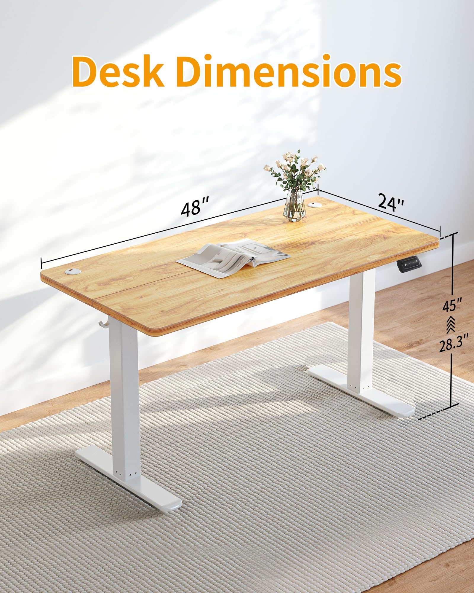 CubiCubi 48 x 24 Inch Electric Height Adjustable Standing Desk - White Frame & Light Rustic Brown Desktop with Splice Board - Ergonomic Sit Stand Workstation for Home Office, Gaming & Study