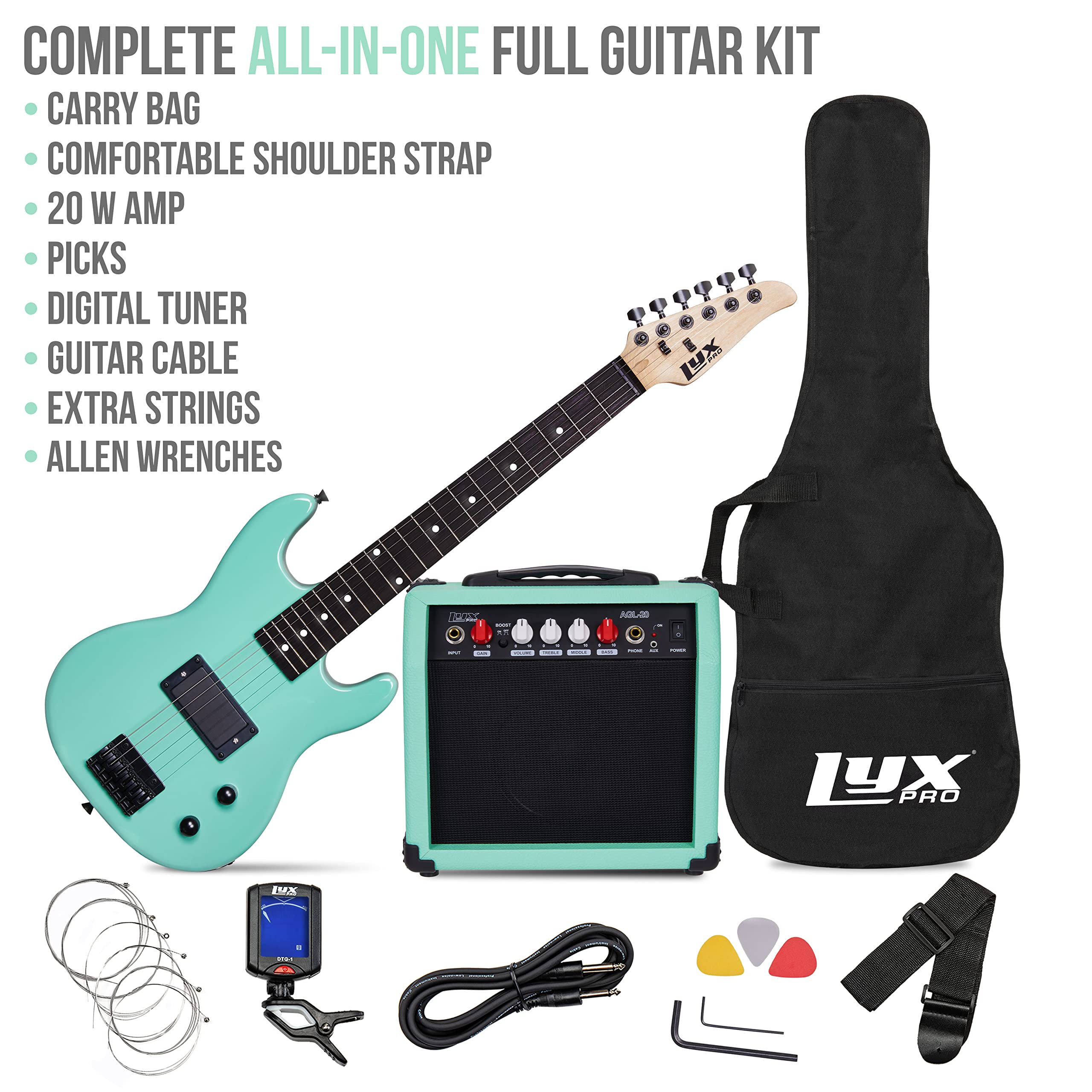 LyxPro 30 Inch 3/4 Size Electric Guitar Starter Kit for Kids & Beginners - Includes Amp, 6 Strings, 2 Picks, Shoulder Strap, Digital Tuner, Cable & Gig Bag (Green) - Perfect for Learning, Practice & Home Performances