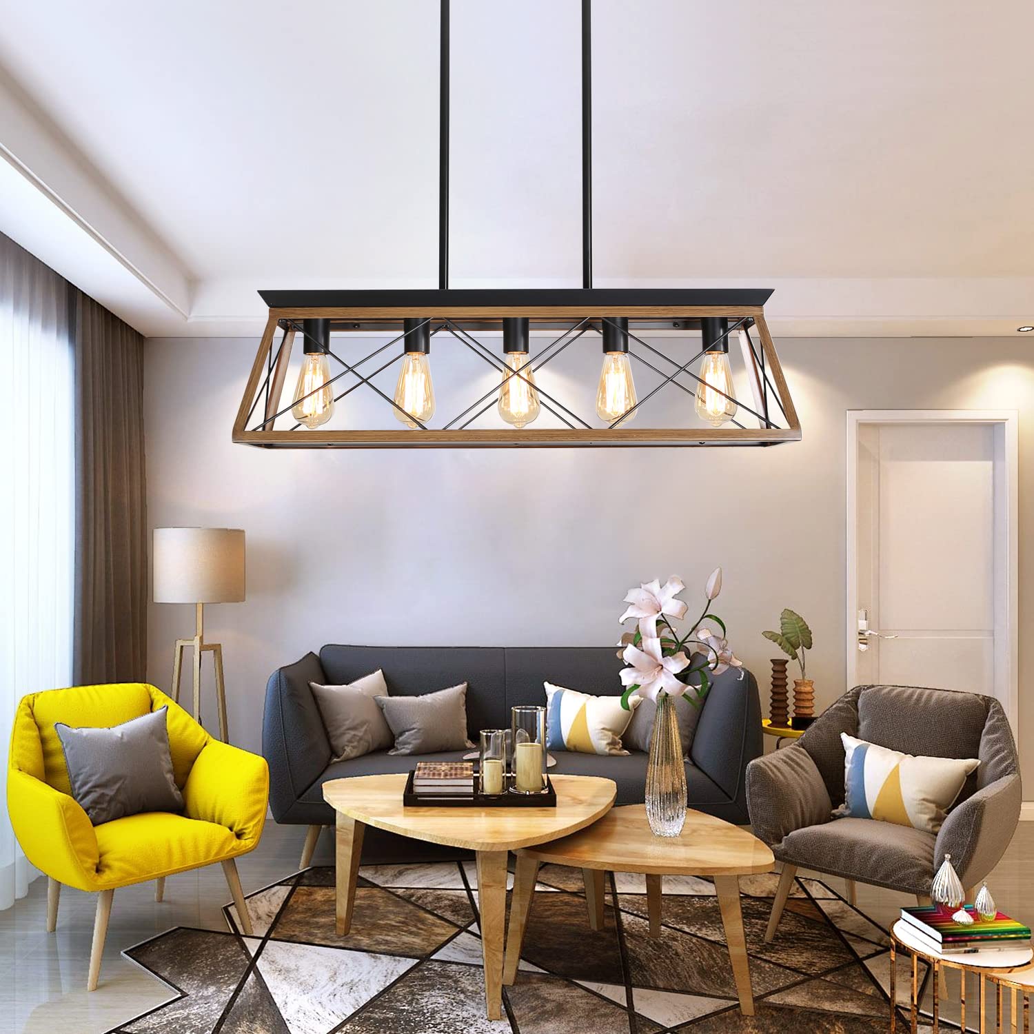 Voohek Farmhouse Chandelier - 5-Light Kitchen Island Lighting with Adjustable Height & Tilt, Walnut Finish & Rust-Resistant E26 Base | Perfect for Rustic Kitchens, Dining Rooms & Farmhouse Decor