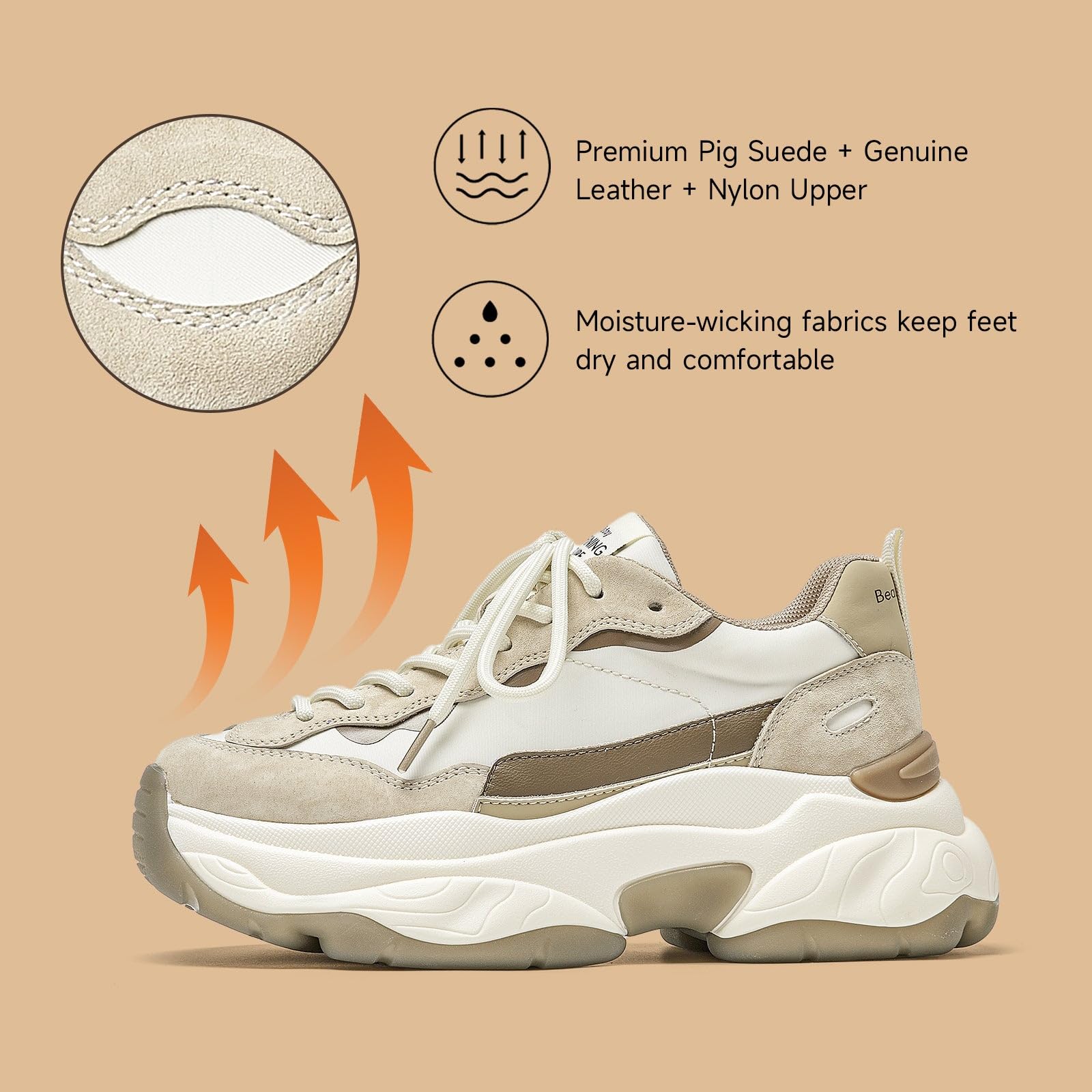 BEAU TODAY Women's Chunky Sneakers - Comfortable Lace-Up Fashion Dad Shoes for Casual Wear, Walking & Everyday Outfits