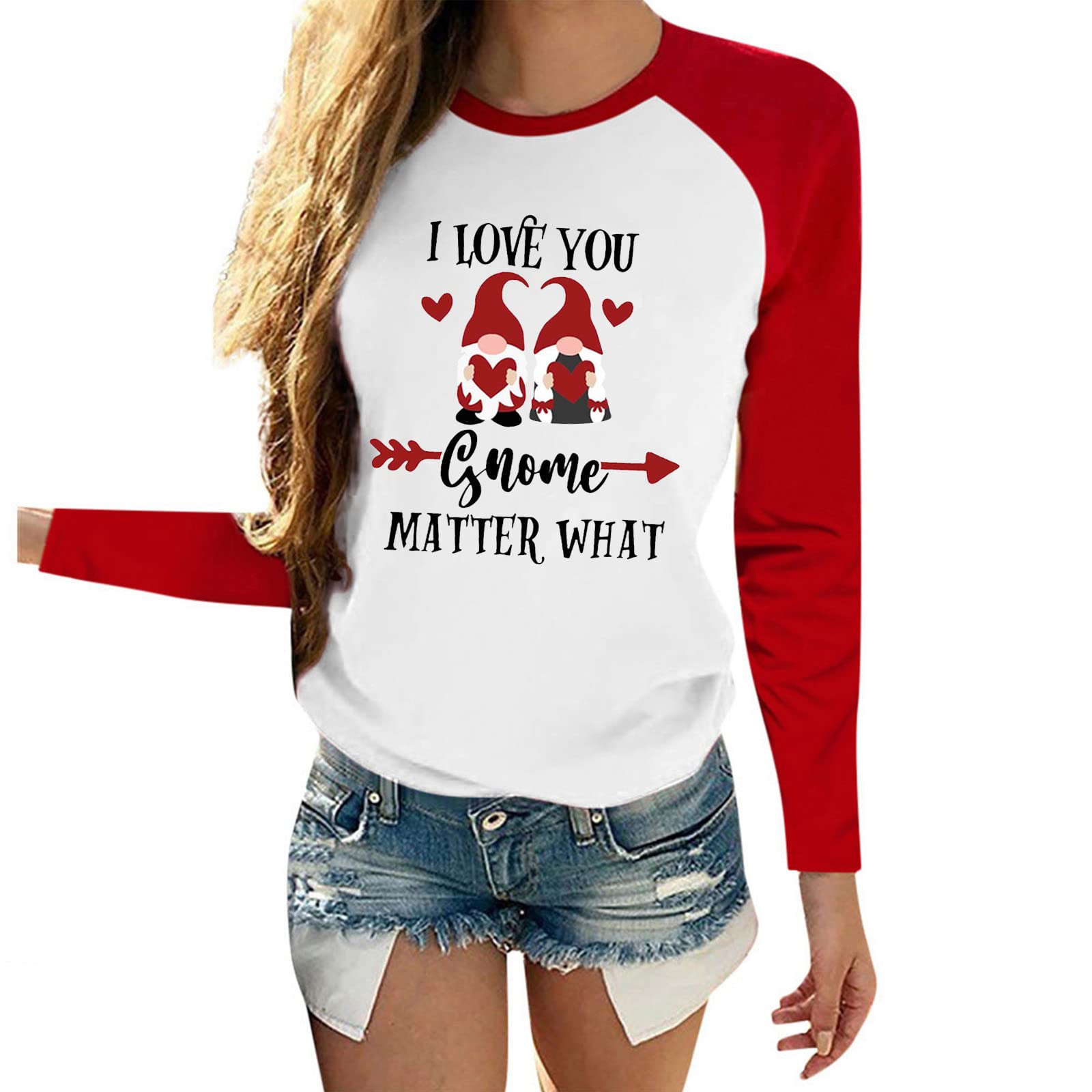 Valentine's Day Printed Raglan Long Sleeve T-Shirt for Women | Cute Heart Pattern Casual Top | Perfect for Date Night, Gifts & Holiday Outfits