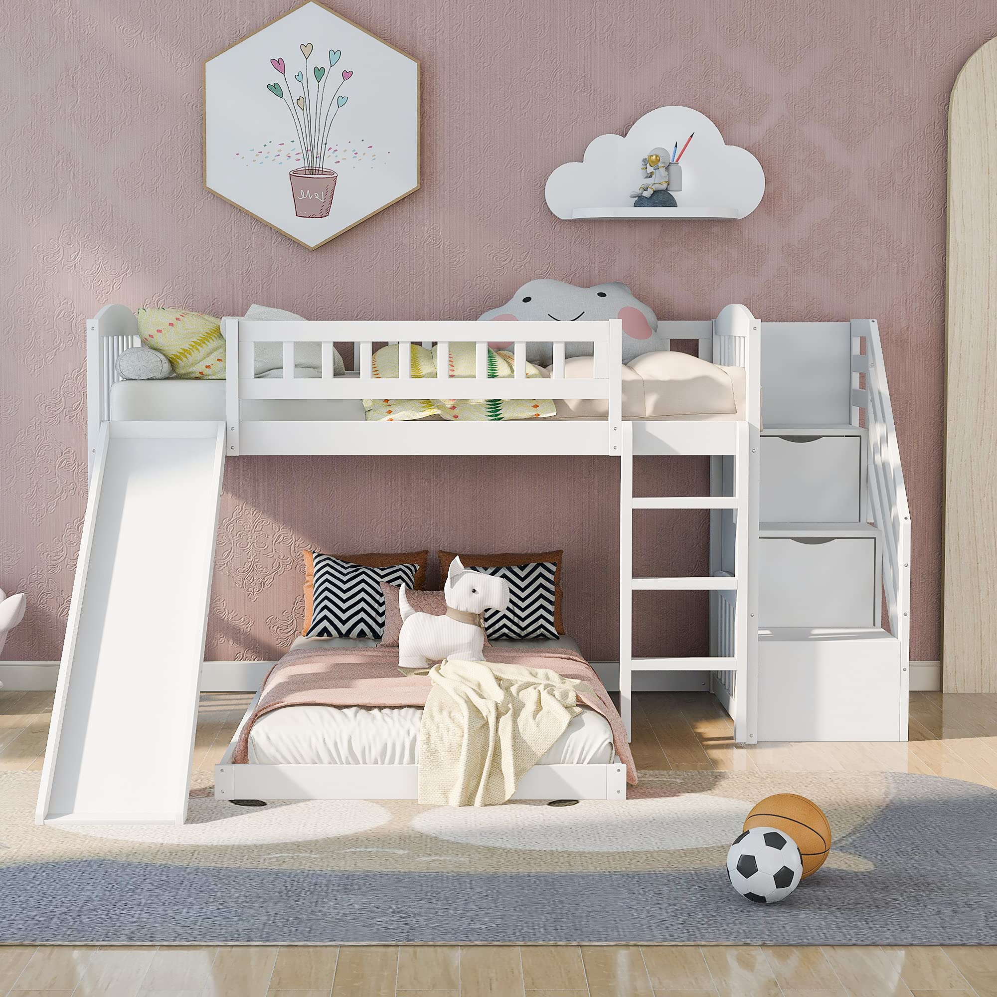 Twin Over Twin Bunk Bed with 2 Drawers, Stairway, Slide & Ladder - Space-Saving Kids Bunk Bed for Siblings, Teens & Guest Rooms - No Box Spring Needed - Perfect for Small Bedrooms & Shared Spaces