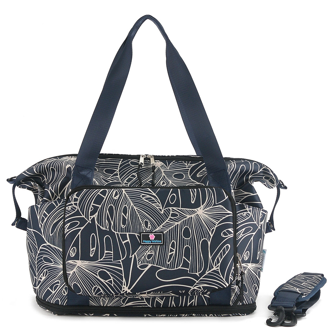Foldable Duffle Bag - Sydney Monstera Lines Navy Blue Travel Duffel for Gym, Sports & Weekend Getaways