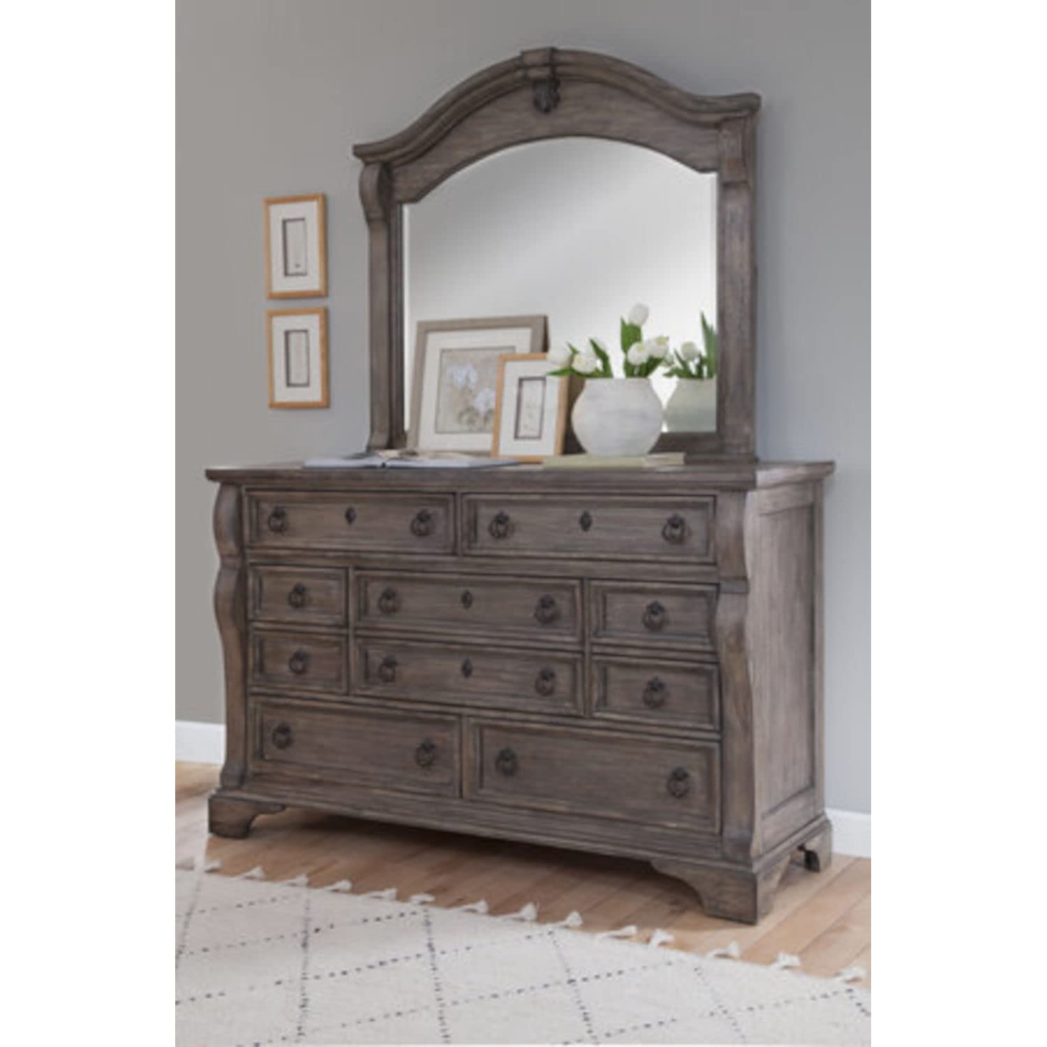 American Woodcrafters Heirloom Rustic Charcoal 10-Drawer Wood Dresser with Mirror - Solid Wood Bedroom Furniture for Master Bedroom & Guest Room Storage