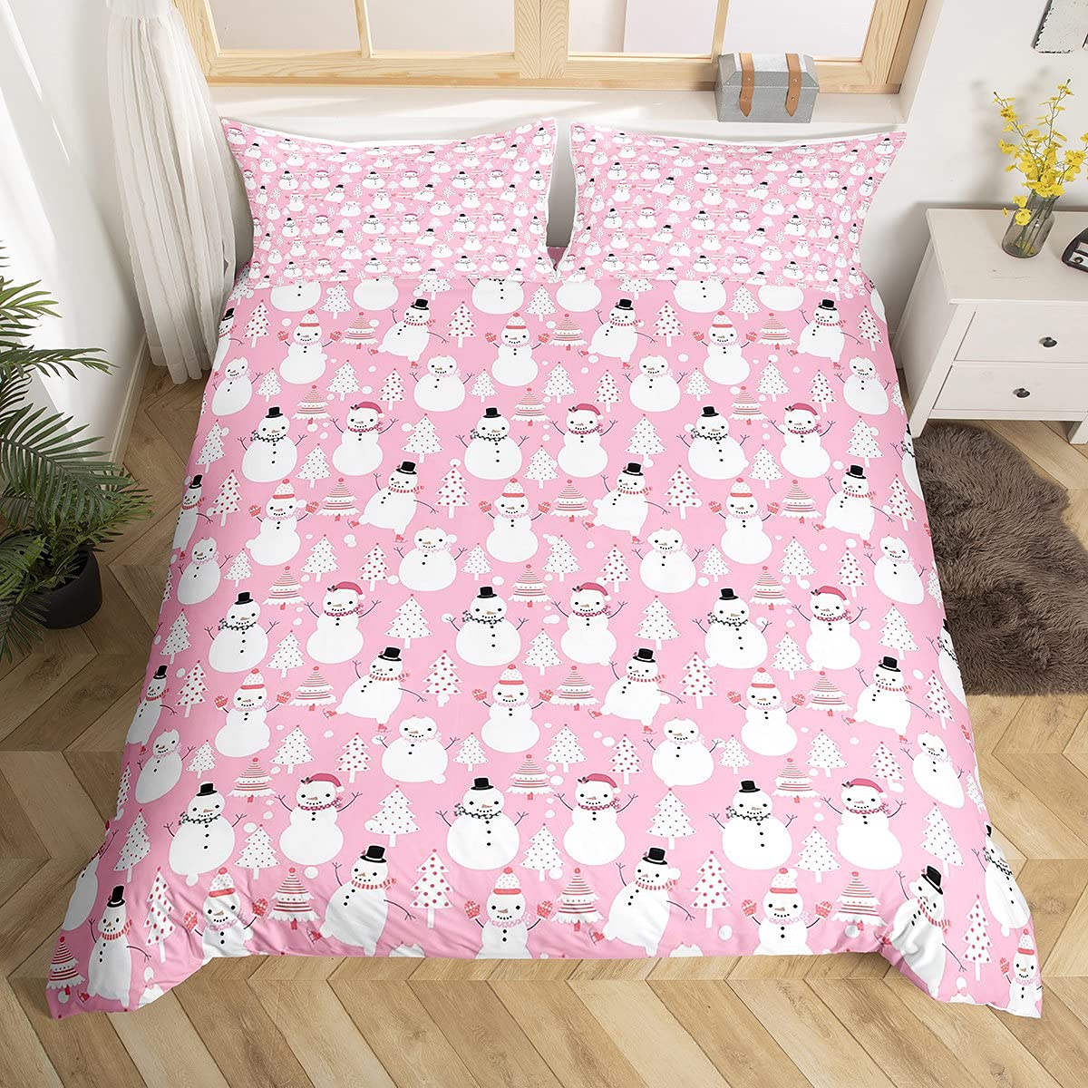 Cute Cartoon Snowman Duvet Cover Twin Set - Pastel Pink Merry Christmas Bedding for Kids & Girls | Snowflake Quilt Cover with Christmas Tree Design | Perfect for Holiday Decor, Winter Bedroom & Xmas Gift