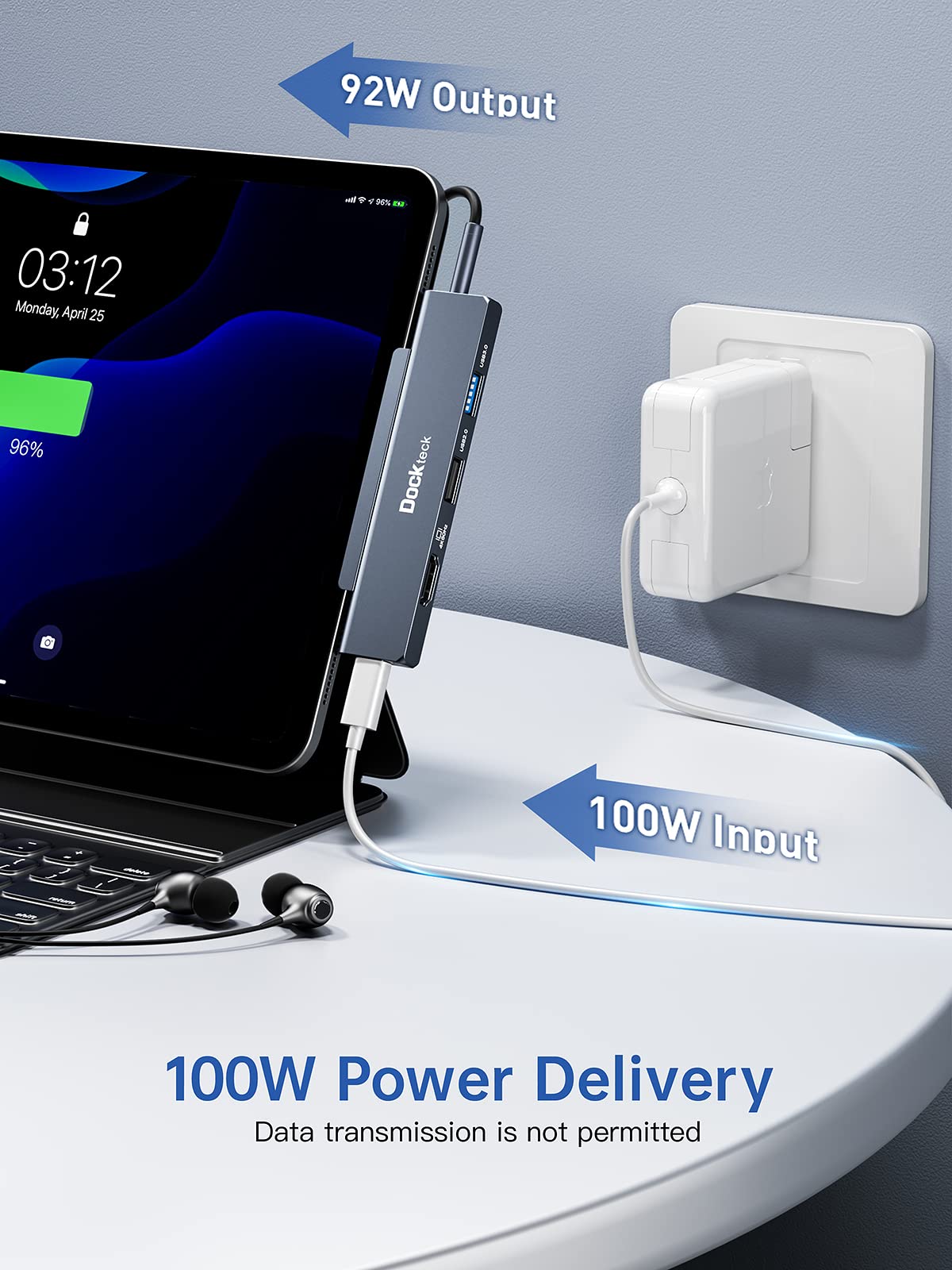 Dockteck 5-in-1 USB C Hub for iPad Pro - Magnetic Multiport Adapter with 100W PD Charging, 4K 60Hz HDMI, USB 3.0 Ports & Audio Jack | Compatible with iPad Pro 12.9 (2021/2020/2018), iPad Air & iPad Mini 6 | Perfect for Home Office, Travel & Multimedia Entertainment