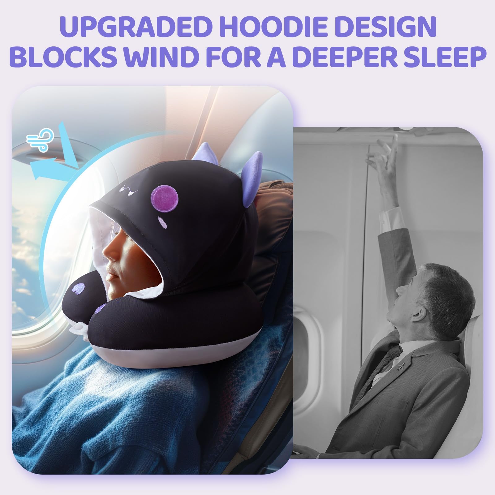 Memory Foam Travel Neck Pillow with Hood & Adjustable Strap - Soft Velvet & Cooling Ice Silk Fabric for Kids & Adults - Perfect for Airplane, Car & Office Napping