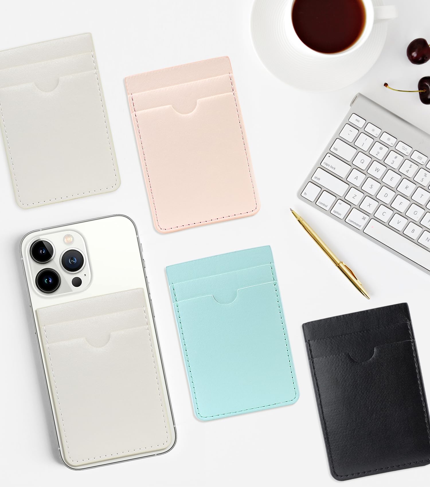 Premium Leather Stick-On Phone Wallet with Dual Card Pockets - Compatible with iPhone, Samsung Galaxy & Android Phones (2 Pack, Milky White) - Perfect for Hands-Free Shopping, Travel & Everyday Convenience