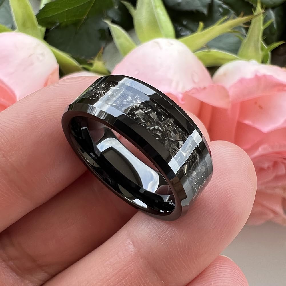 6mm & 8mm Tungsten Wedding Bands for Men and Women - Silver/Black Meteorite Inlay Rings, Comfort Fit, Beveled Edges, Polished Finish - Perfect for Engagement, Promise, and Anniversary Gifts