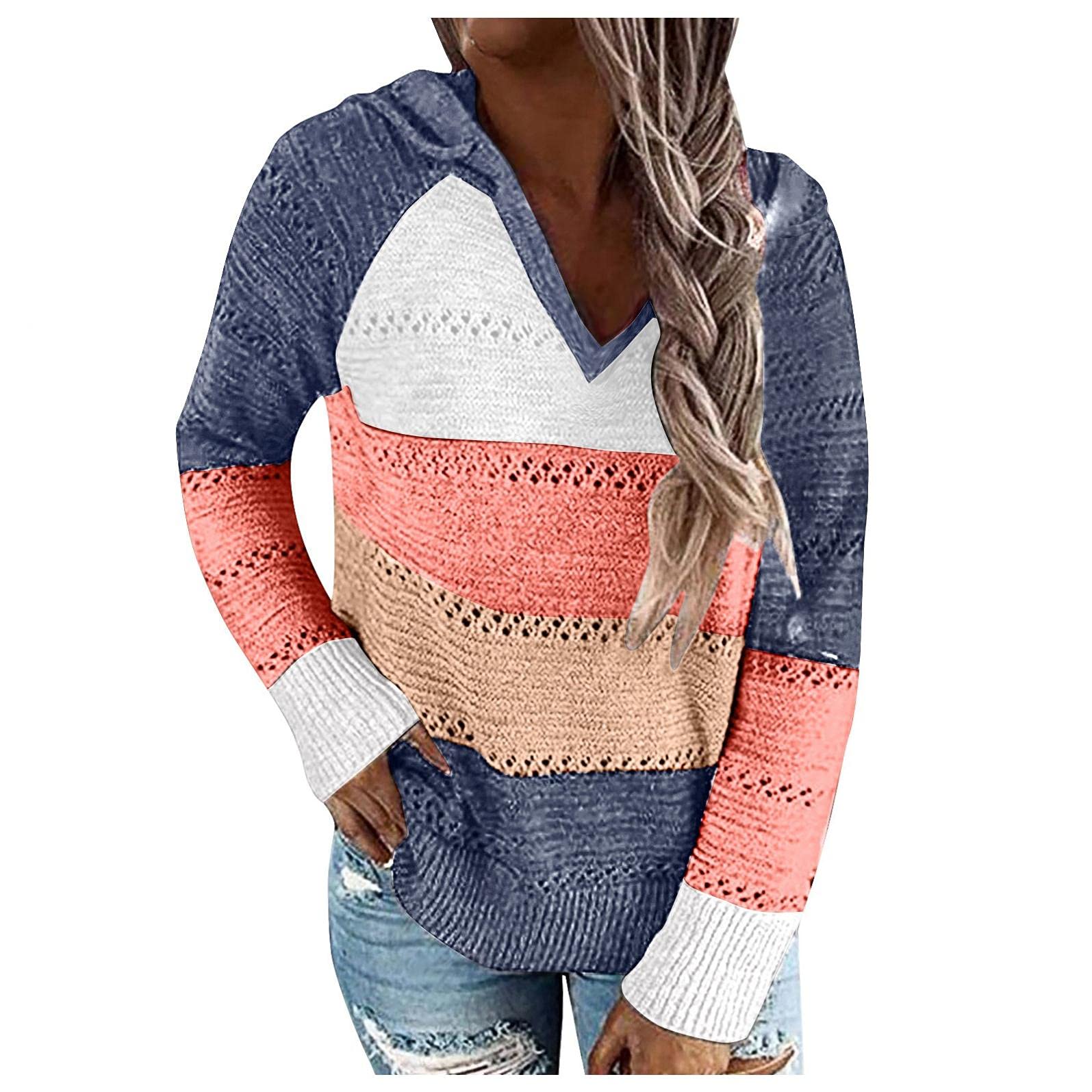 Felwors Women's Lightweight Long Sleeve Color Block Hoodie Sweater - Drawstring Pullover Sweatshirt Jacket for Casual Wear, Fall Fashion & Outdoor Activities