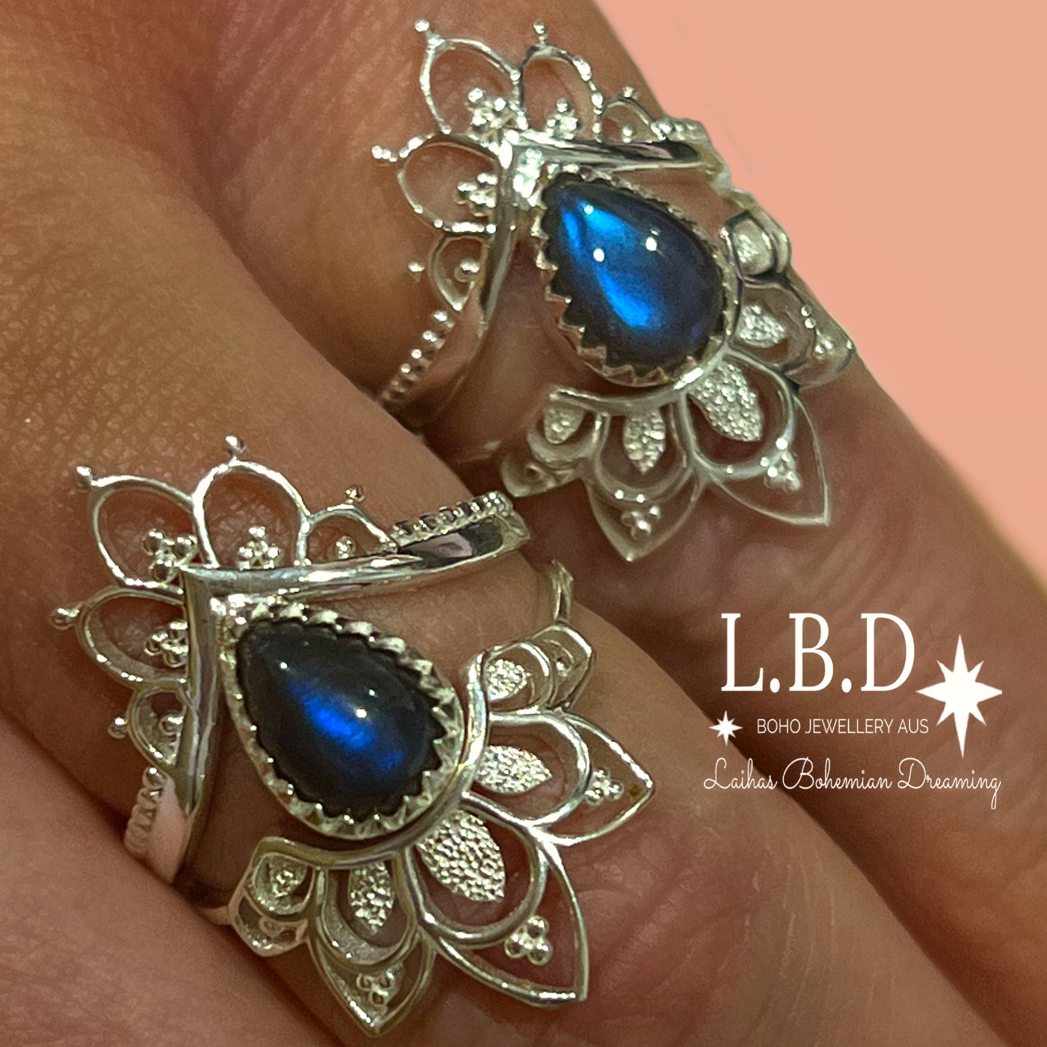 Boho Labradorite Ring Set for Women - Sterling Silver Stackable Rings with Natural Stone - Perfect for Boho Chic, Hippie Jewelry & Everyday Wear