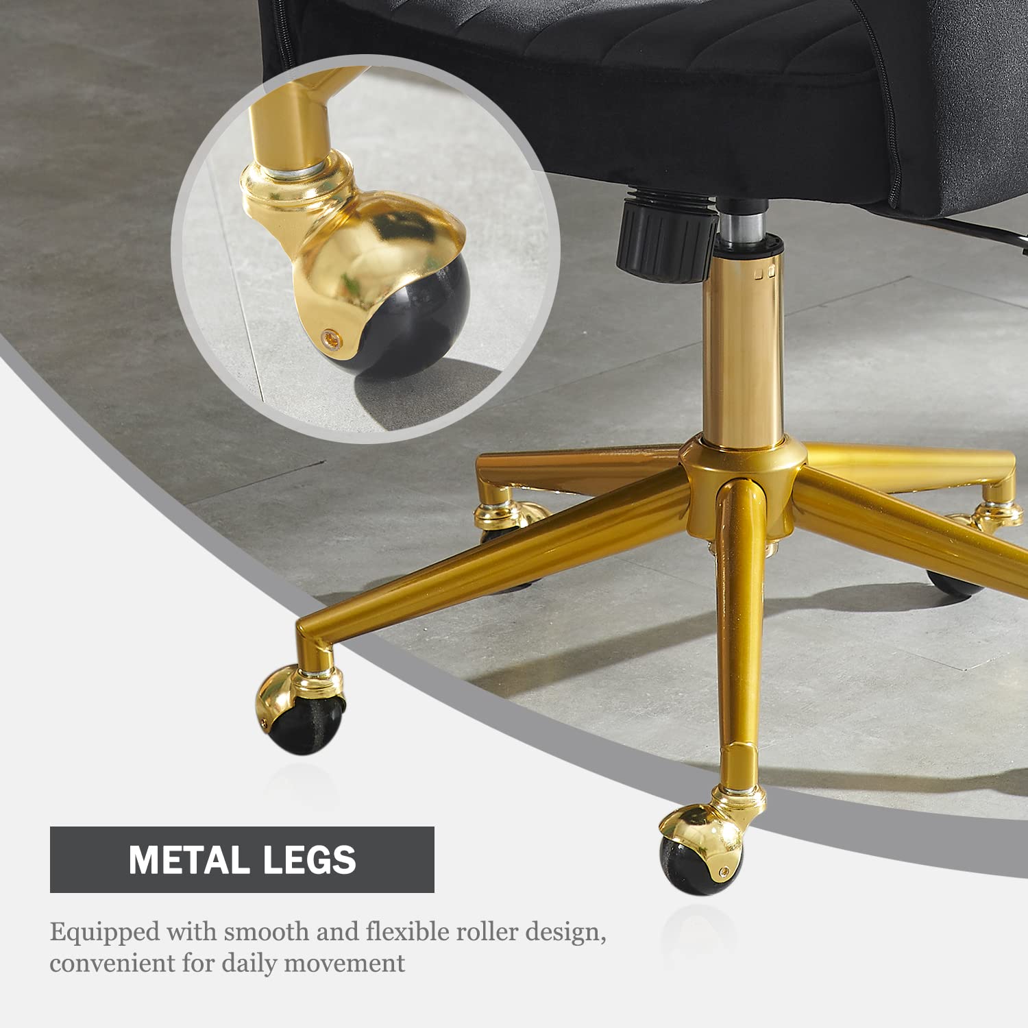 Kiztir Velvet Home Office Chair with Gold Base - Modern Swivel Desk Chair with Round Solid Wheels & Adjustable Height - Ergonomic Computer Chair for Study, Living Room, Bedroom - Perfect for Remote Work & Home Decor (Black)