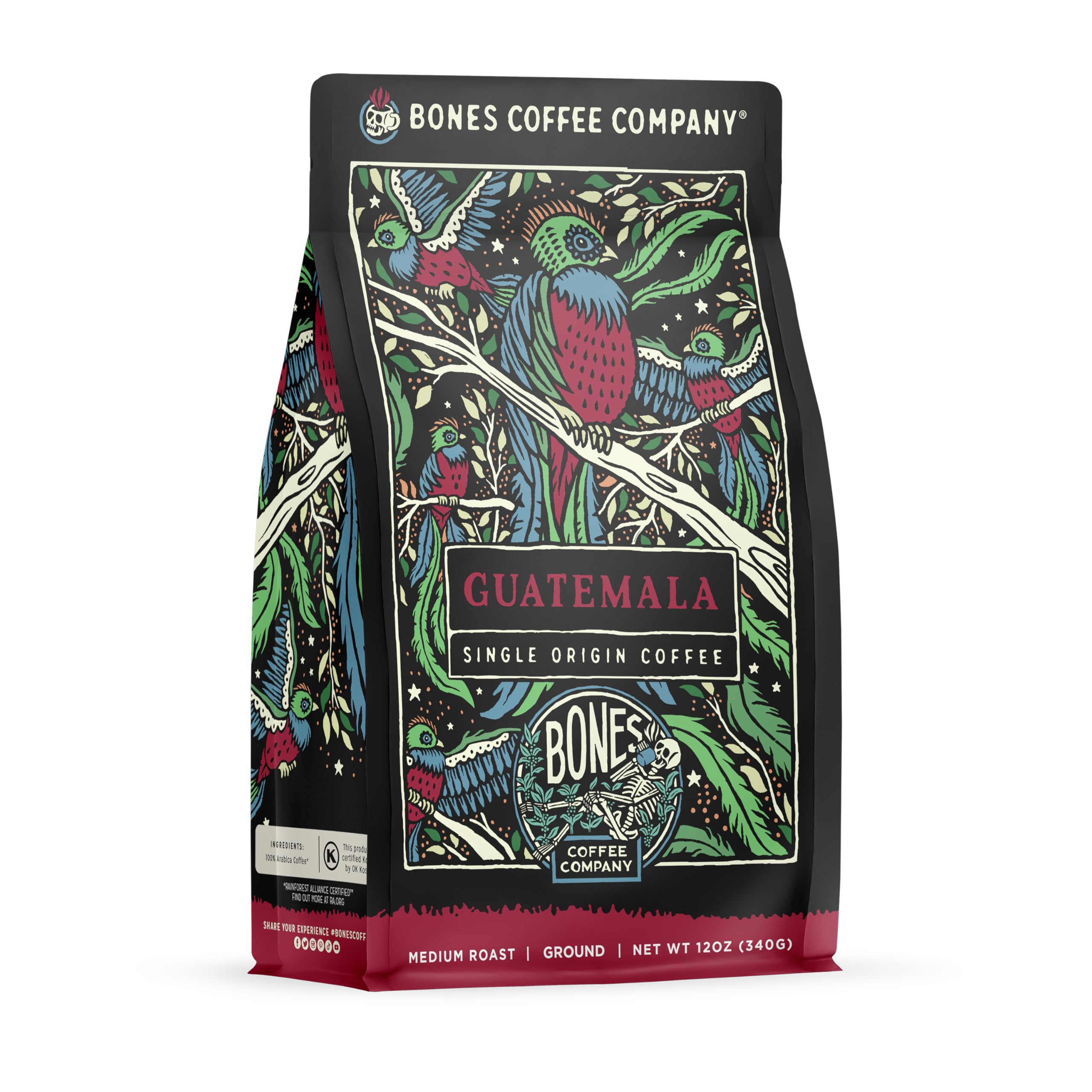 Bones Coffee Company Guatemala Single-Origin Medium Roast Ground Coffee - Low Acid Gourmet Beans with Milk Chocolate, Citrus & Caramel Notes (12 oz) - Perfect for Home Brewing, Office Use & Gift Giving