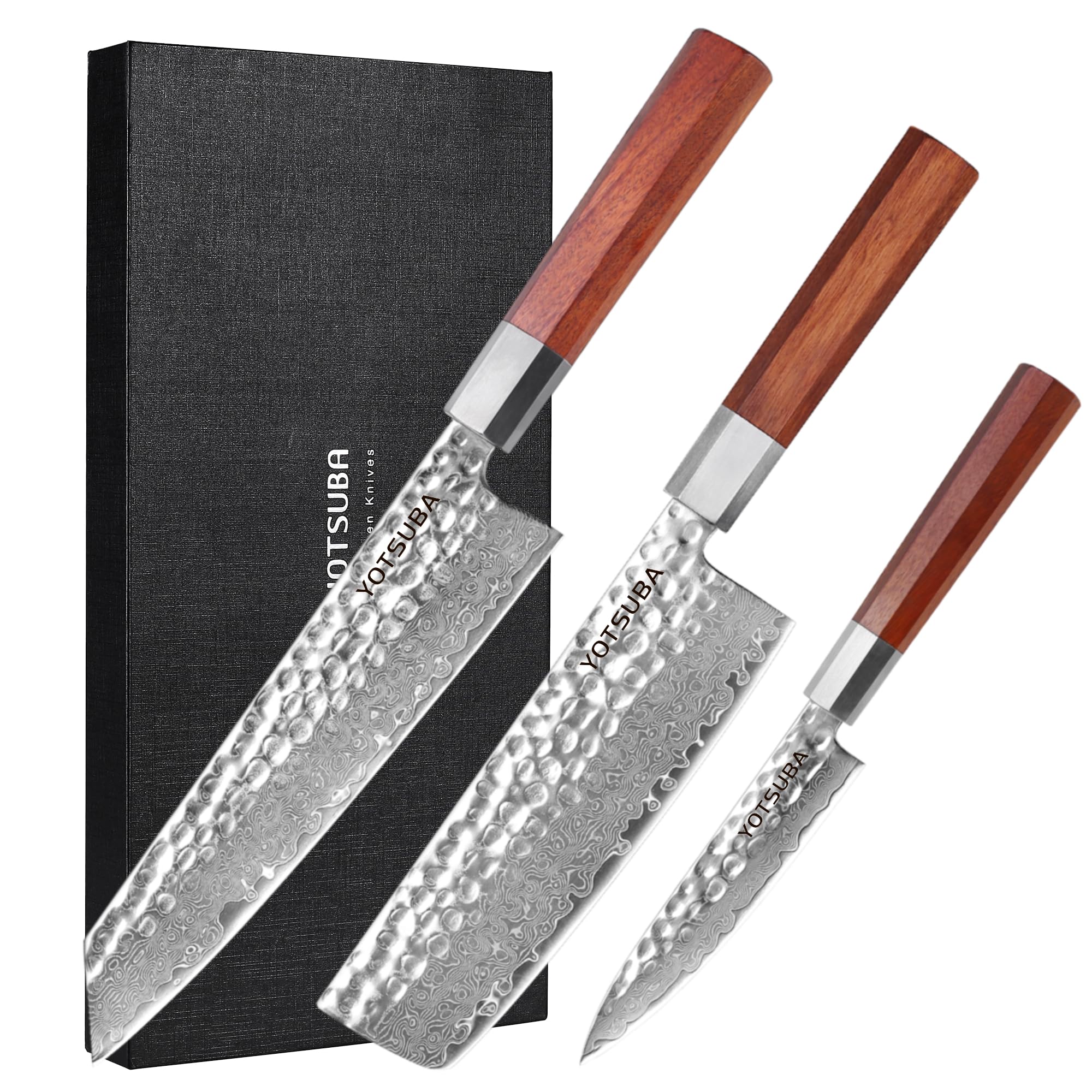 Premium 3-Piece Japanese Damascus Chef Knife Set - Hand-Forged High Carbon Steel Blades, Ultra Sharp Kitchen Knives with Ergonomic Wood Handle - Perfect for Chopping Vegetables, Slicing Meat & Professional Cooking - Ideal Gift for Home Chefs & Culinary Enthusiasts