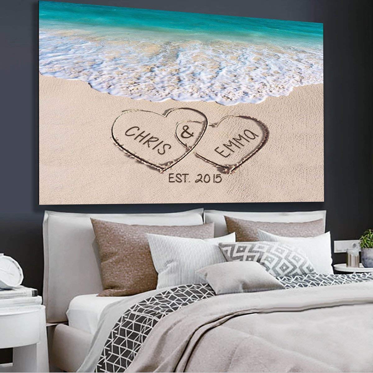 Personalized Love on Beach Canvas Print - Custom Two Hearts Wall Art, Wedding Gift & Anniversary Present - Perfect for Home Decor, Bedroom, Living Room, Office