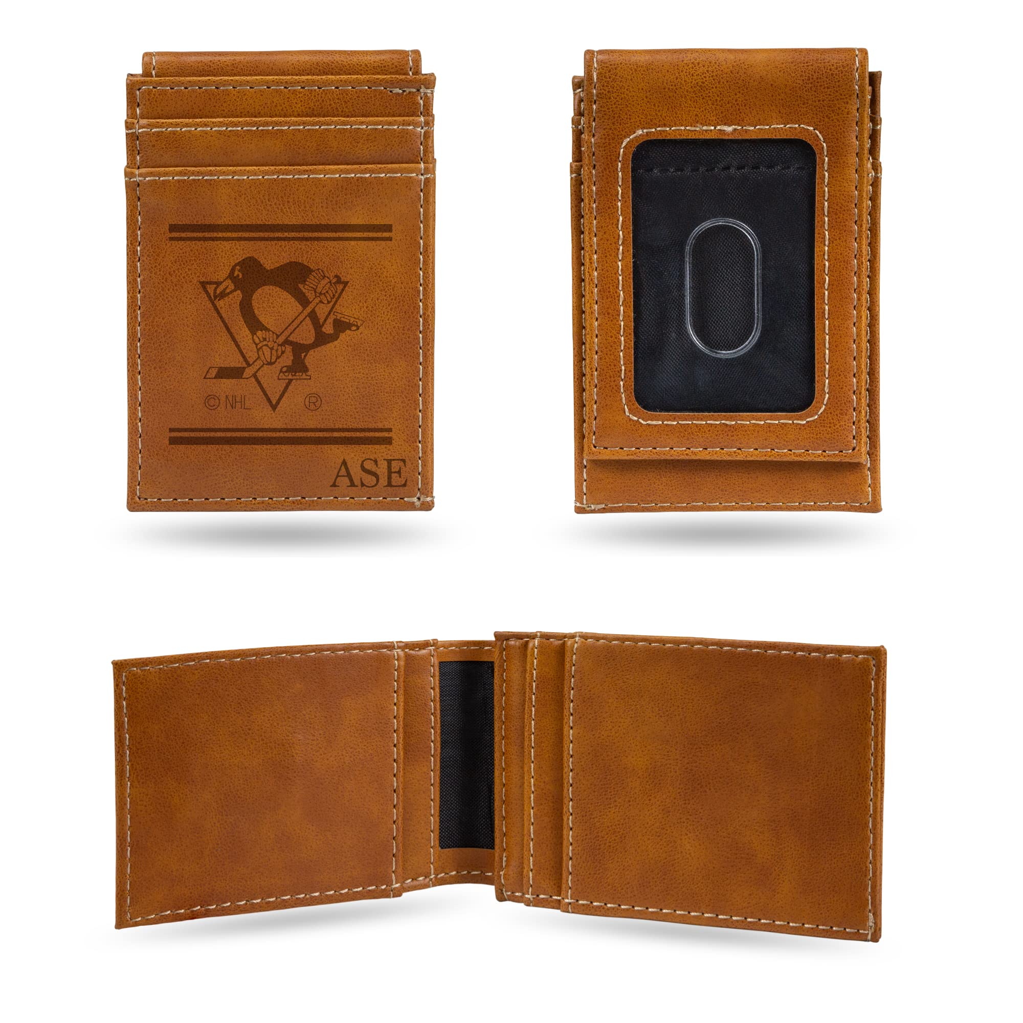 Personalized NHL Pittsburgh Penguins Brown Front Pocket Wallet - Custom Laser Engraved Slim & Lightweight Leather Wallet - Perfect Gift for Hockey Fans & Everyday Carry