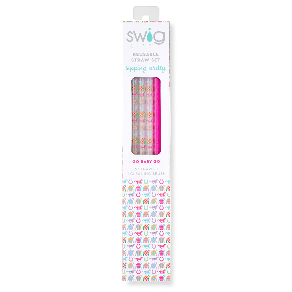 Go Baby Go Reusable Straw Set - 10 Pack Pink Glitter Stainless Steel Drinking Straws for Smoothies, Cocktails & Iced Coffee - Eco-Friendly, BPA-Free, Dishwasher Safe - Perfect for Parties, Travel & Home Use