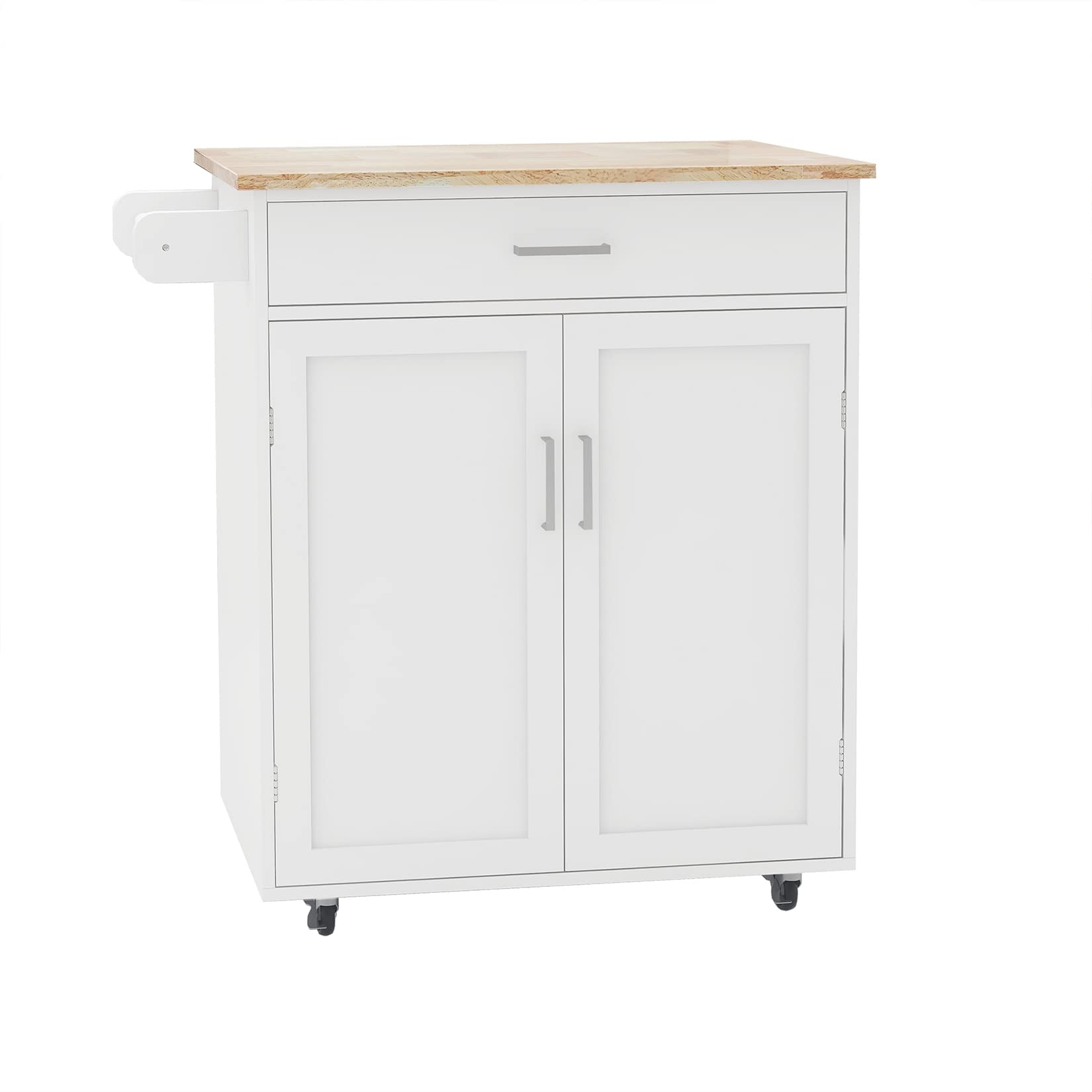 Rolling Kitchen Cart with Towel Rack - Mobile Serving Cart with Rubber Wood Countertop, Storage Cabinet & Adjustable Shelves - Perfect for Dining Room, Small Kitchen & Party Serving