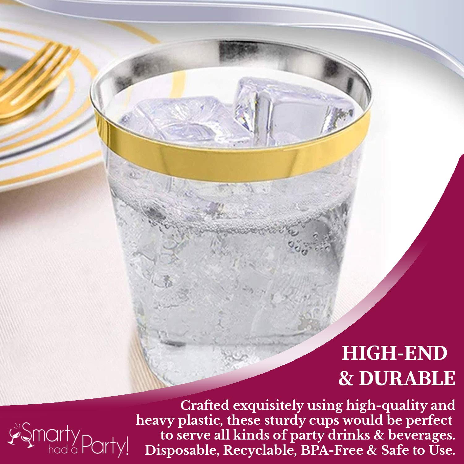 Smarty Had A Party 10 oz Clear Disposable Plastic Tumblers - Pack of 336 Elegant Gold Trim Cups for Cocktails, Iced Coffee, Smoothies, Parties & Events - Perfect for Weddings, Baby Showers & Office Gatherings