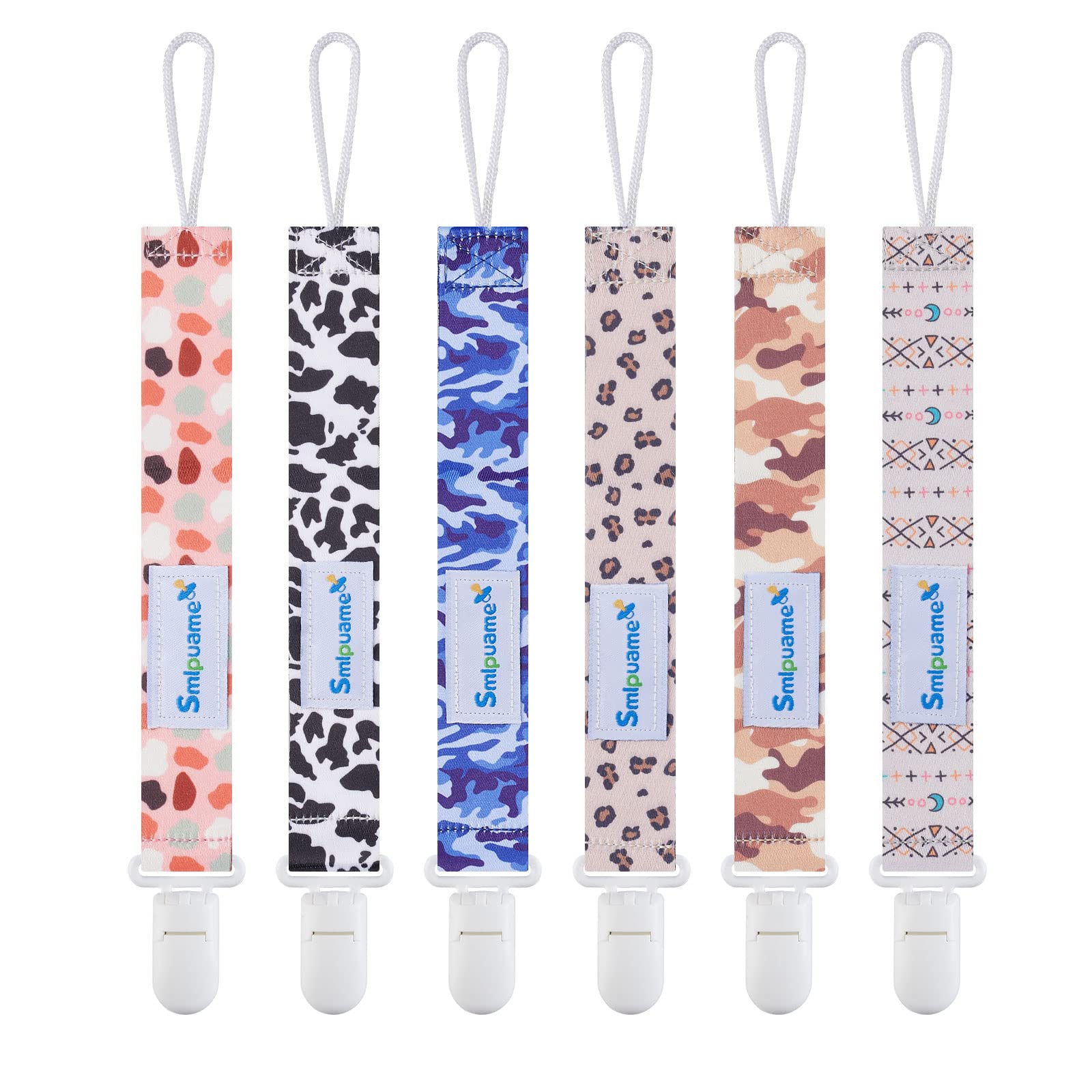 6 Pack Stylish Baby Pacifier Clips - Universal Lightweight Binky Holder for Boys & Girls, Fits Most Pacifiers & Teething Rings (Boho, Leopard, Camo) - Perfect for On-the-Go, Daycare & Travel Accessories