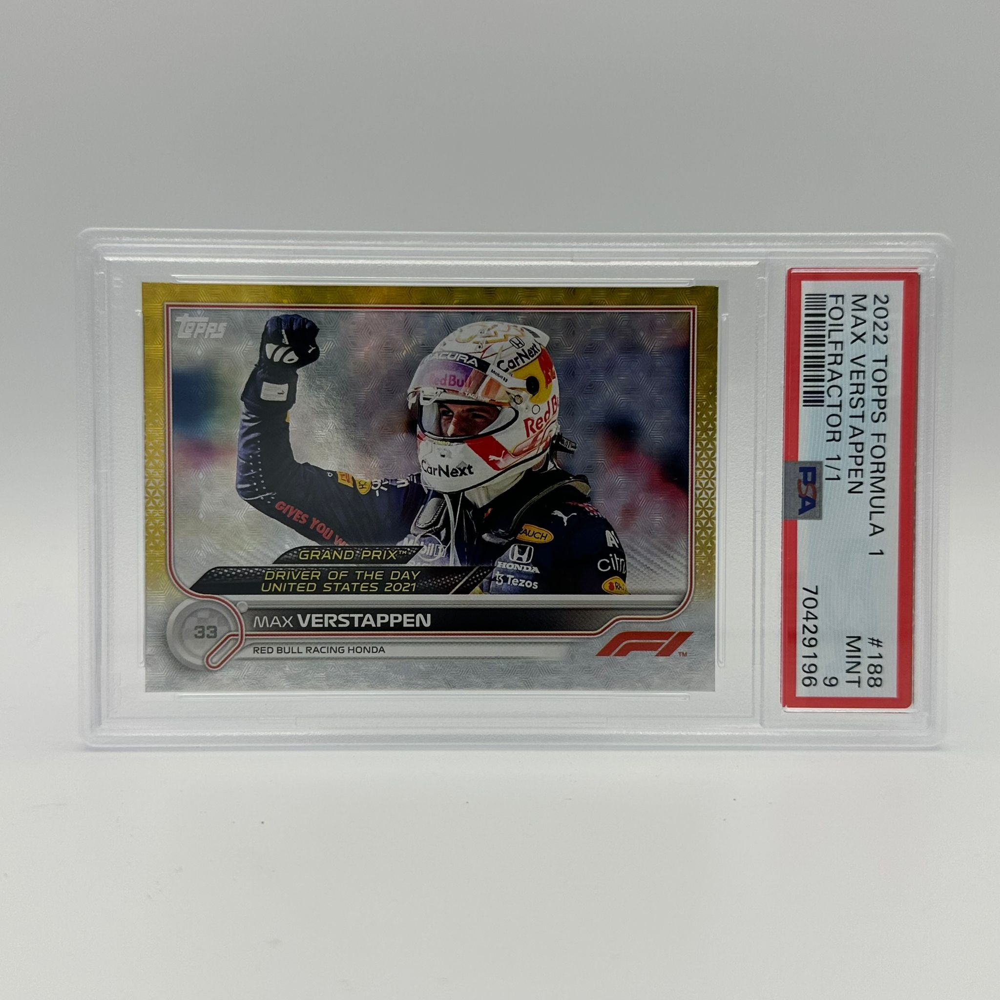 PSA 9 1/1 Max Verstappen #188 Driver Of The Day 2021 Topps Chrome Formula 1 F1 Foilfractor Trading Card - Perfect for F1 Collectors and Racing Fans Display