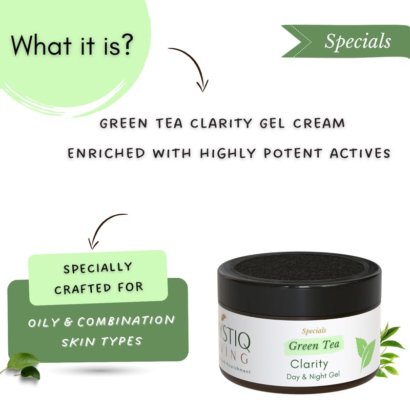 Mystiq Living Green Tea Clarity Gel Cream with 2% Salicylic Acid for Acne Treatment, Pimple & Scar Removal - 50g | Oil-Free Moisturizer for Oily & Acne-Prone Skin | Day & Night Clarifying Gel | Perfect for Daily Skincare Routine & Post-Breakout Recovery