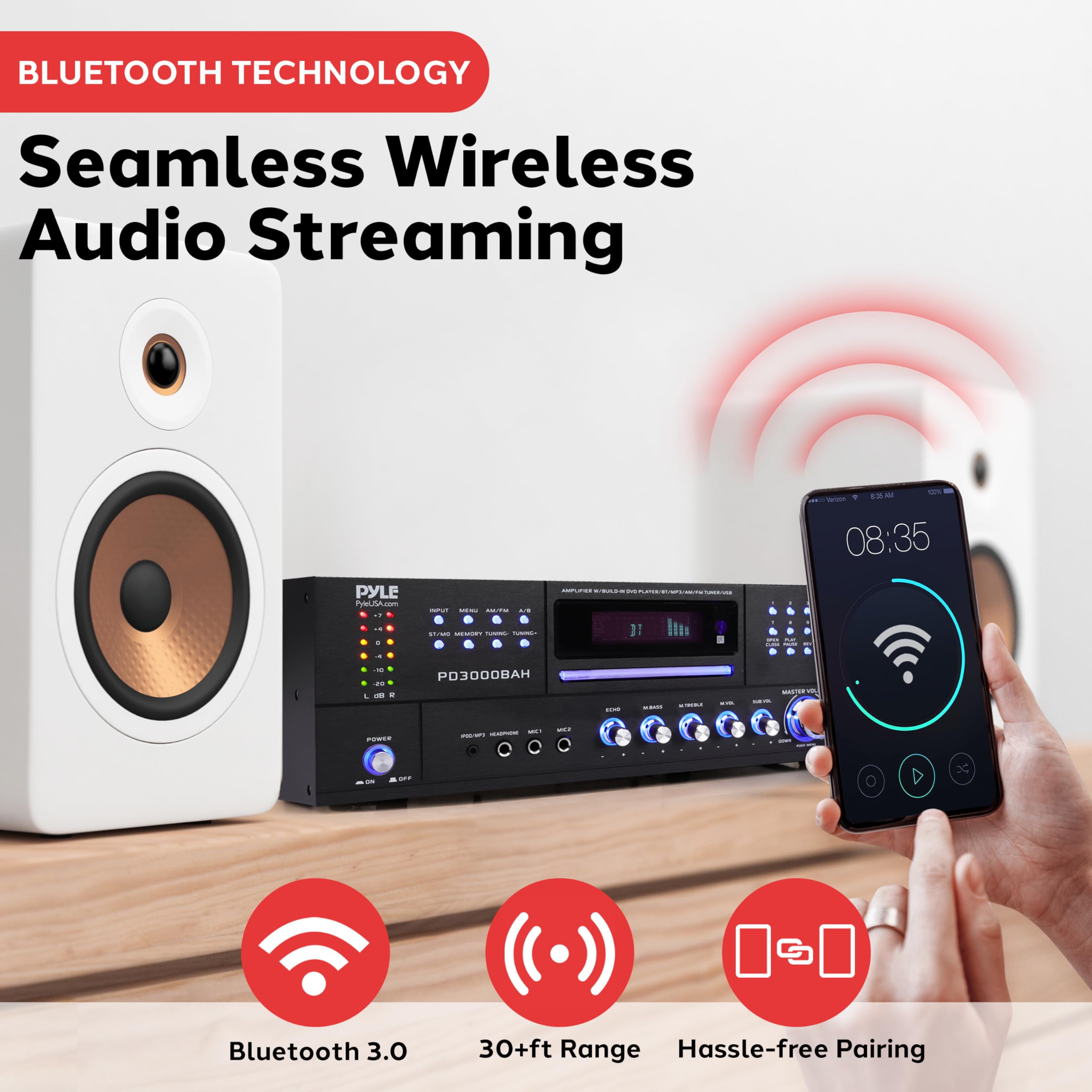 Pyle 4 Channel Wireless Bluetooth Amplifier - 4000W Home Audio Receiver with FM Radio, HDMI, USB, 2 Mic Inputs & Echo for Karaoke, CD/DVD Player - Perfect for Home Theater, DJ Setup, and Live Music Performances