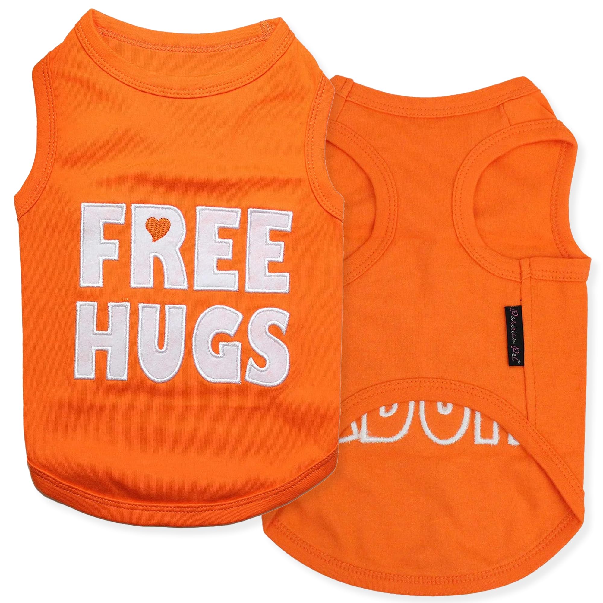 Parisian Pet Dog T-Shirt - Embroidered 'Free Hugs' Cotton Dog Shirt - Sleeveless Tank Top for Large Dogs - Machine Washable Dog Clothes for Summer & Outdoor Adventures