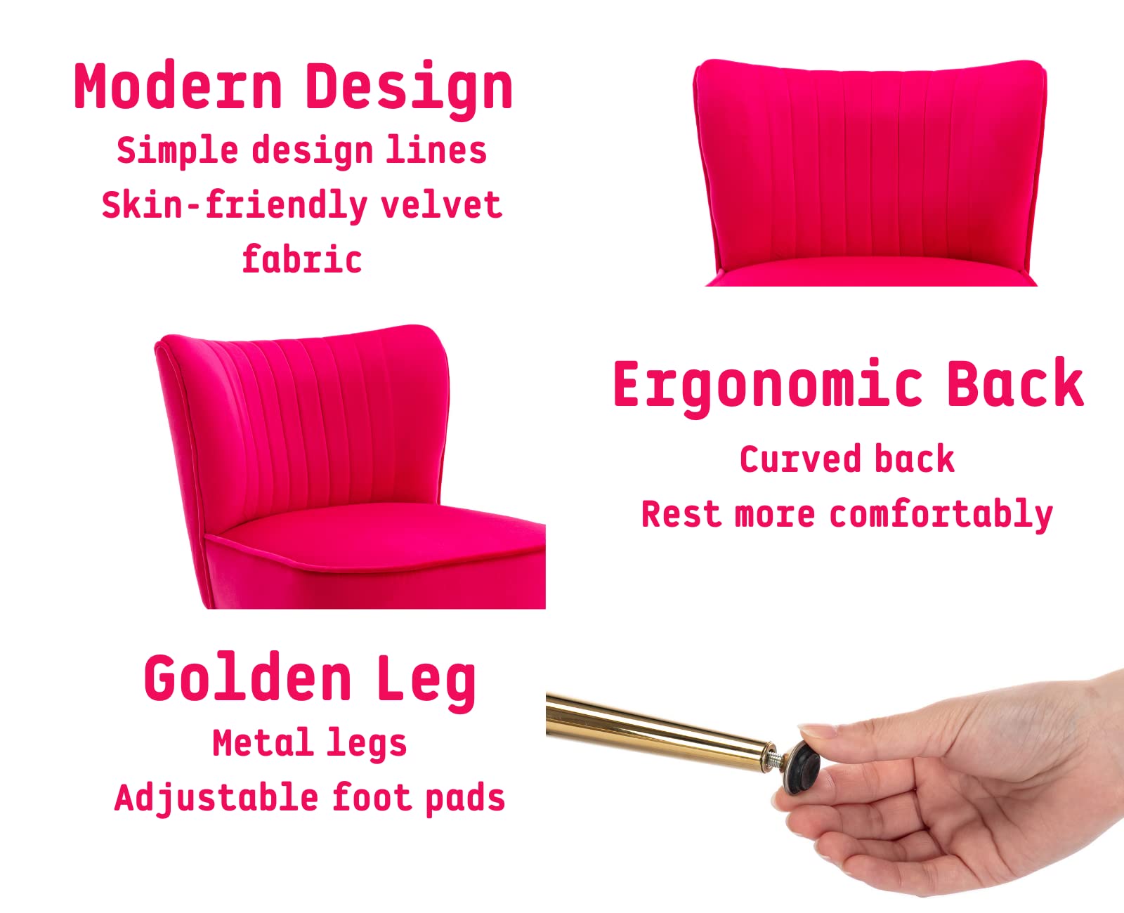 Velvet Accent Chairs Set of 2 - Modern Upholstered Slipper Chairs with Golden Metal Legs, Armless Wingback Side Chairs for Living Room, Bedroom, Office & Dining Room - Soft Rose Red Velvet Fabric - Perfect for Reading Nook, Lounge Area or Guest Seating