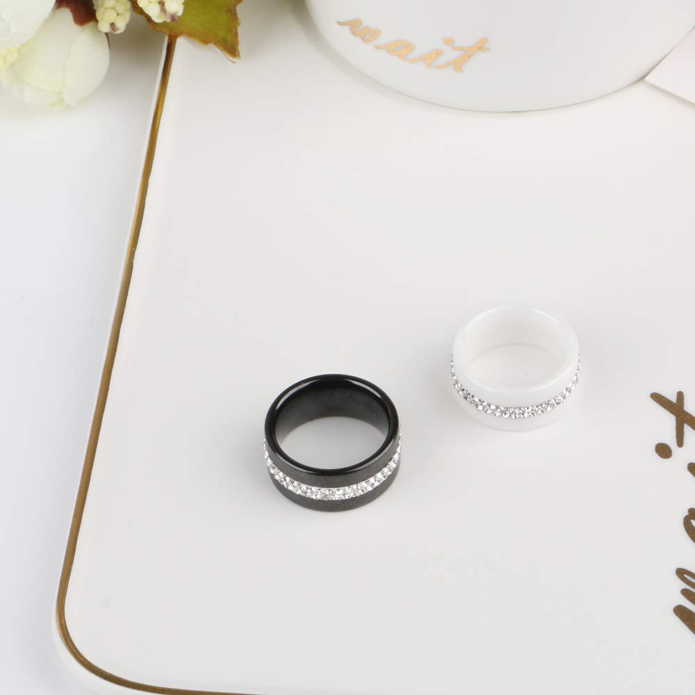 10MM Wide Two Row Crystal Women's Rings - Smooth Black & White Ceramic Wedding Bands, Fashion Jewelry for Brides, Engagement, Anniversary & Everyday Wear