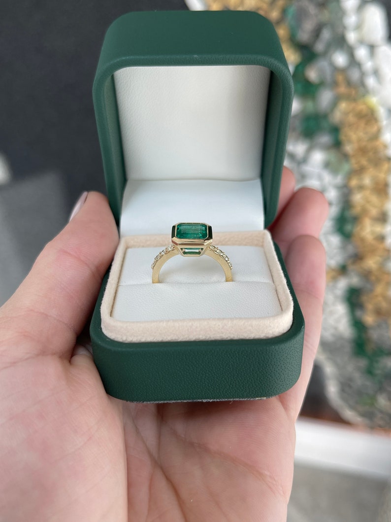 3.22tcw 14K Gold Square Emerald Bezel Set Asscher Cut Diamond Accent Solitaire Ring for Women - Perfect for Engagement, Wedding, Anniversary & Special Occasions