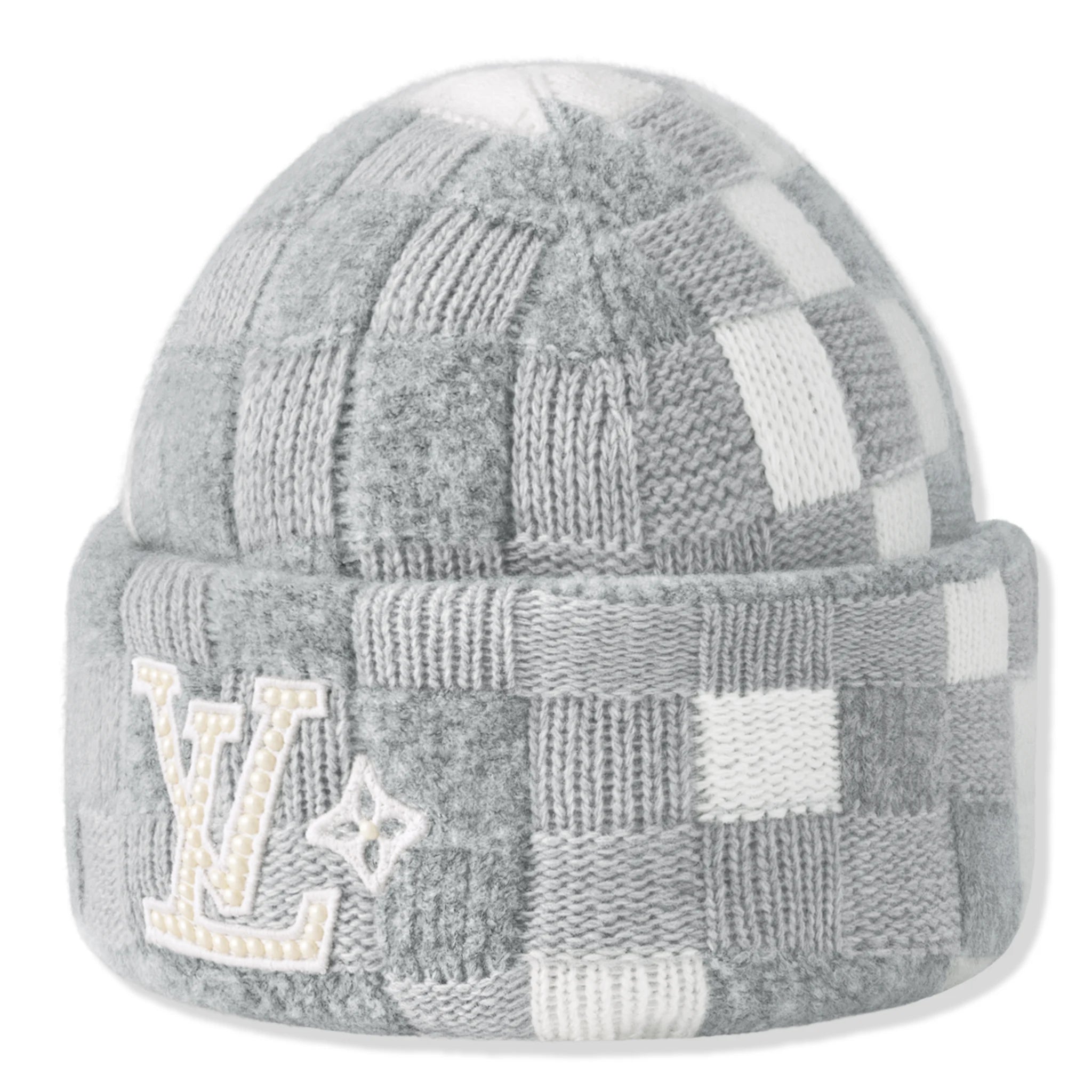 Louis Vuitton Damoflage Pearls Crush Reversible Light Grey Beanie Hat - Luxury Winter Accessory for Women, Fashionable Unisex Design for Cold Weather & Street Style