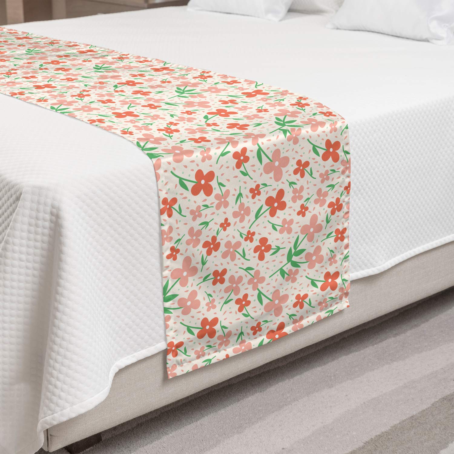 Ambesonne Floral Bed Runner - Pastel Spring Meadow Design with Blooming Petals, Decorative Bed Scarf for King Size Beds | Perfect for Home Decor, Hotels & Guest Rooms | Salmon Blush Color